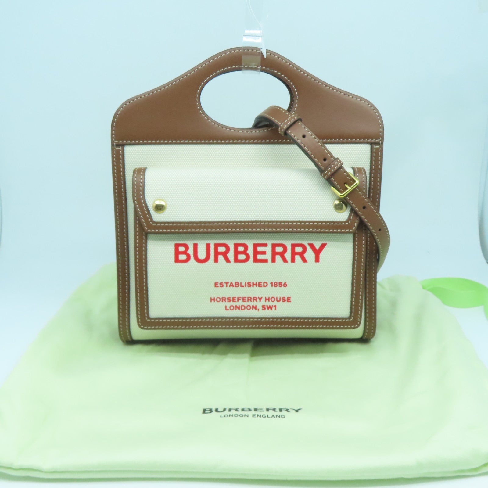 BURBERRY 皮革/帆布2 Way Shoulder Bag金扣手挽肩背兩用袋啡色/米色