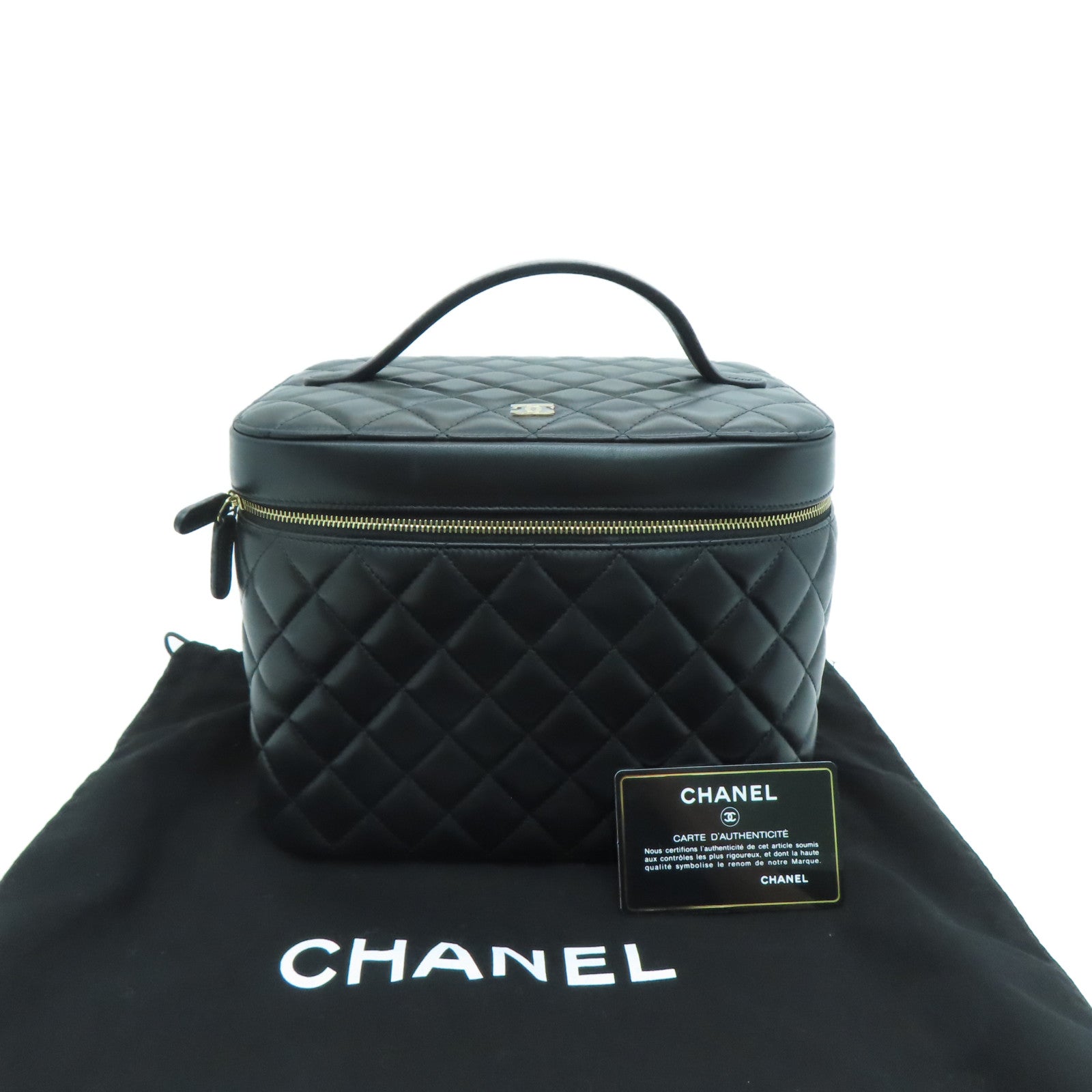 CHANEL 菱格牛皮皮革Cosmetic Hand Bag金扣化妆袋黑色