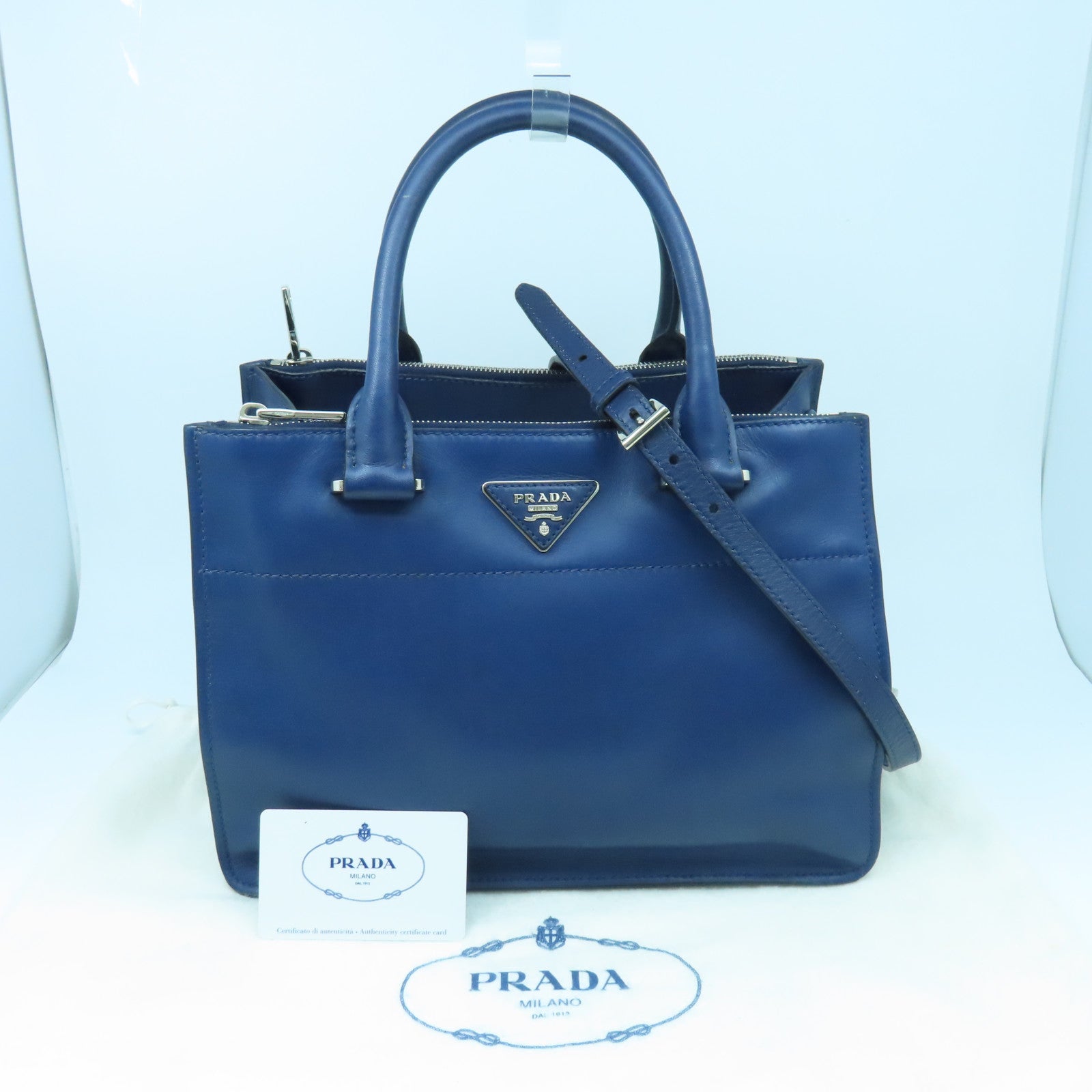 PRADA cowhide leather 2Way Bag silver buckle shoulder bag blue