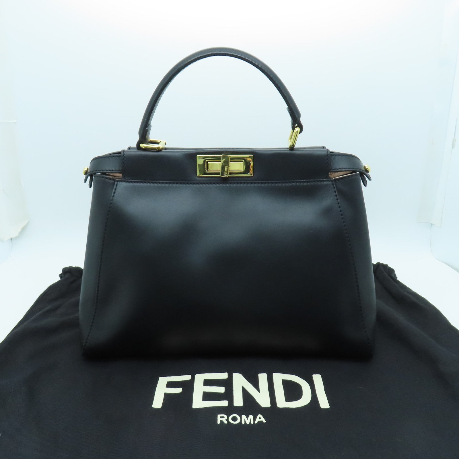 FENDI 【激減優惠】牛皮皮革Peekaboo金扣手挽袋黑色