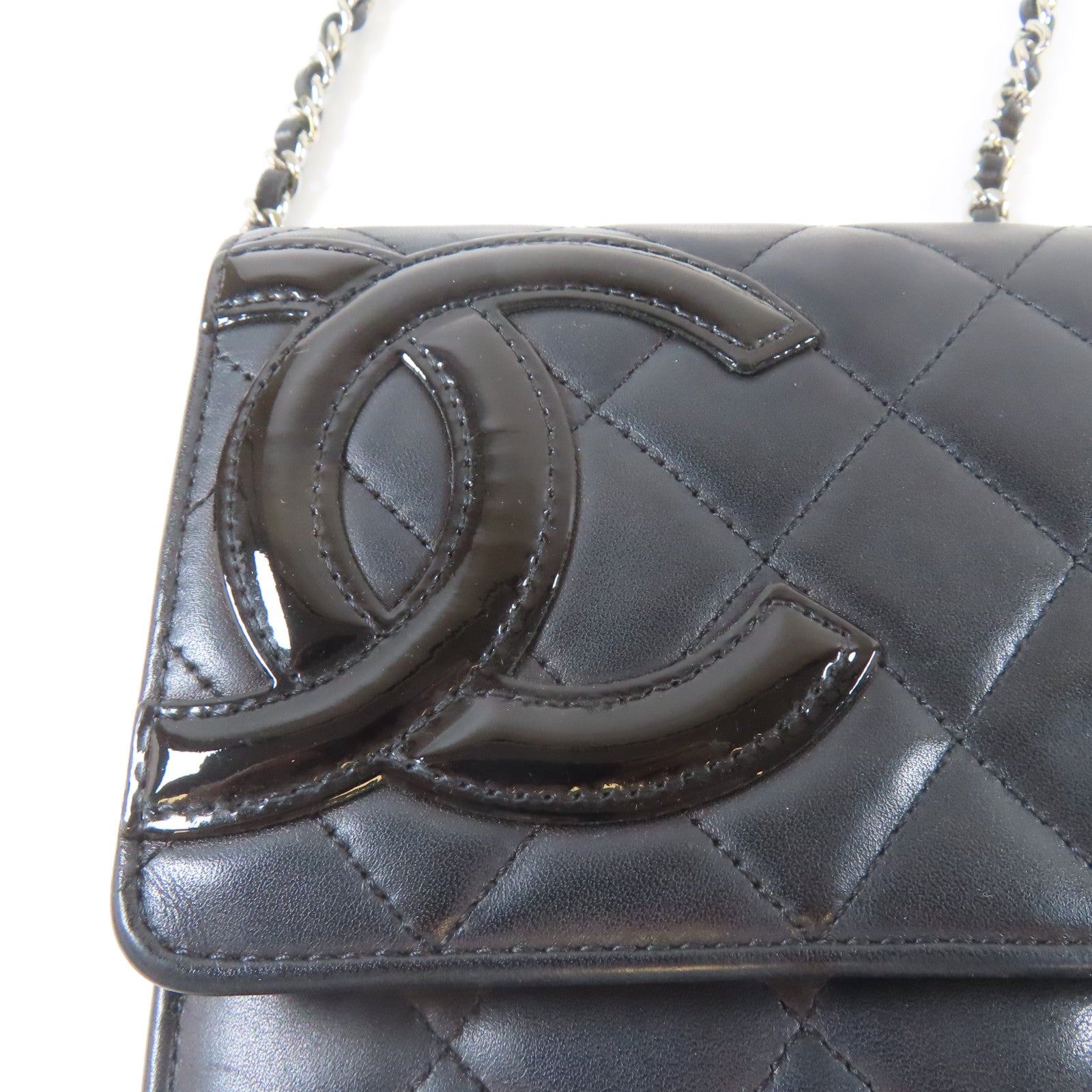 CHANEL 菱格牛皮皮革Cambon Wallet On Chain銀扣鏈帶肩背袋黑色