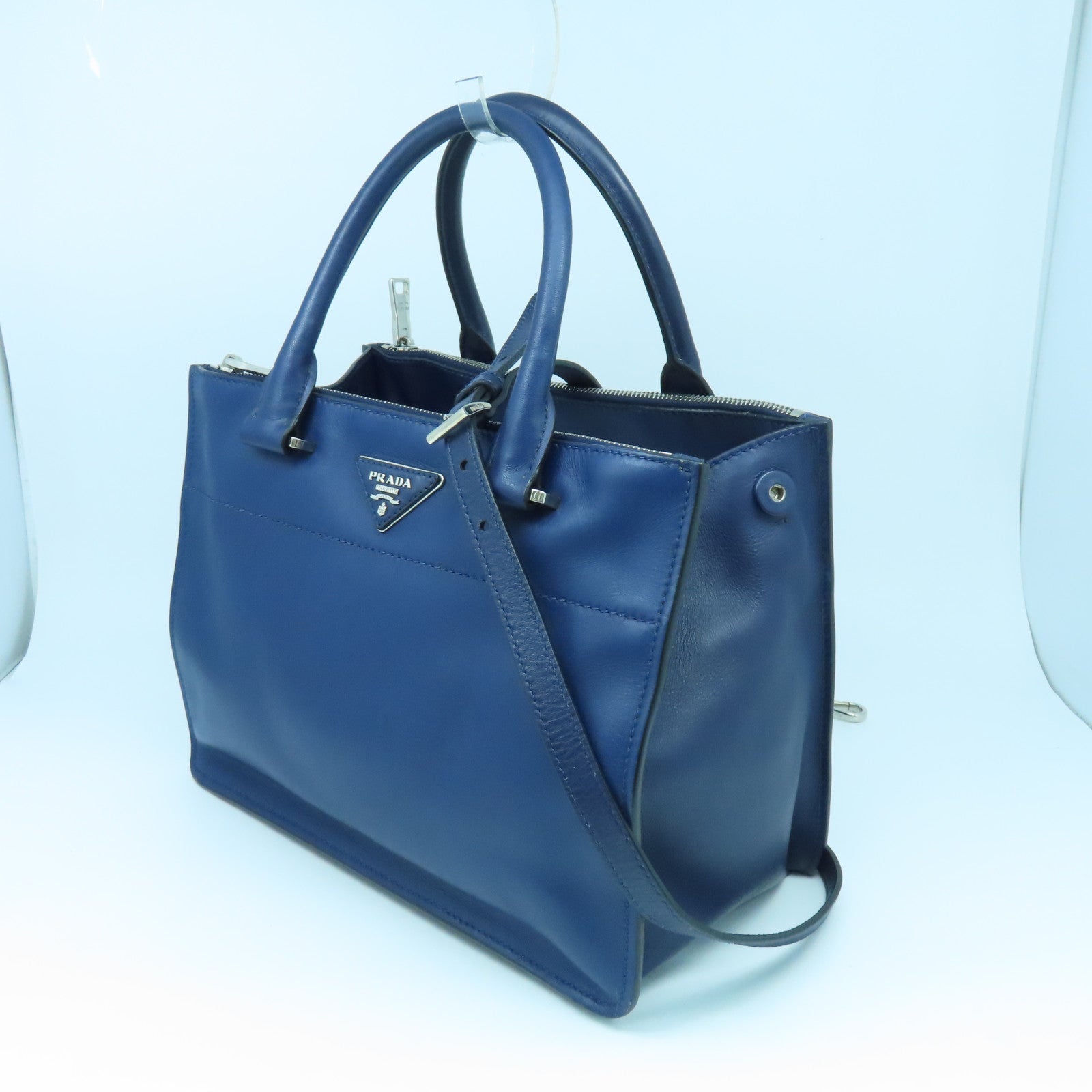 PRADA cowhide leather 2Way Bag silver buckle shoulder bag blue