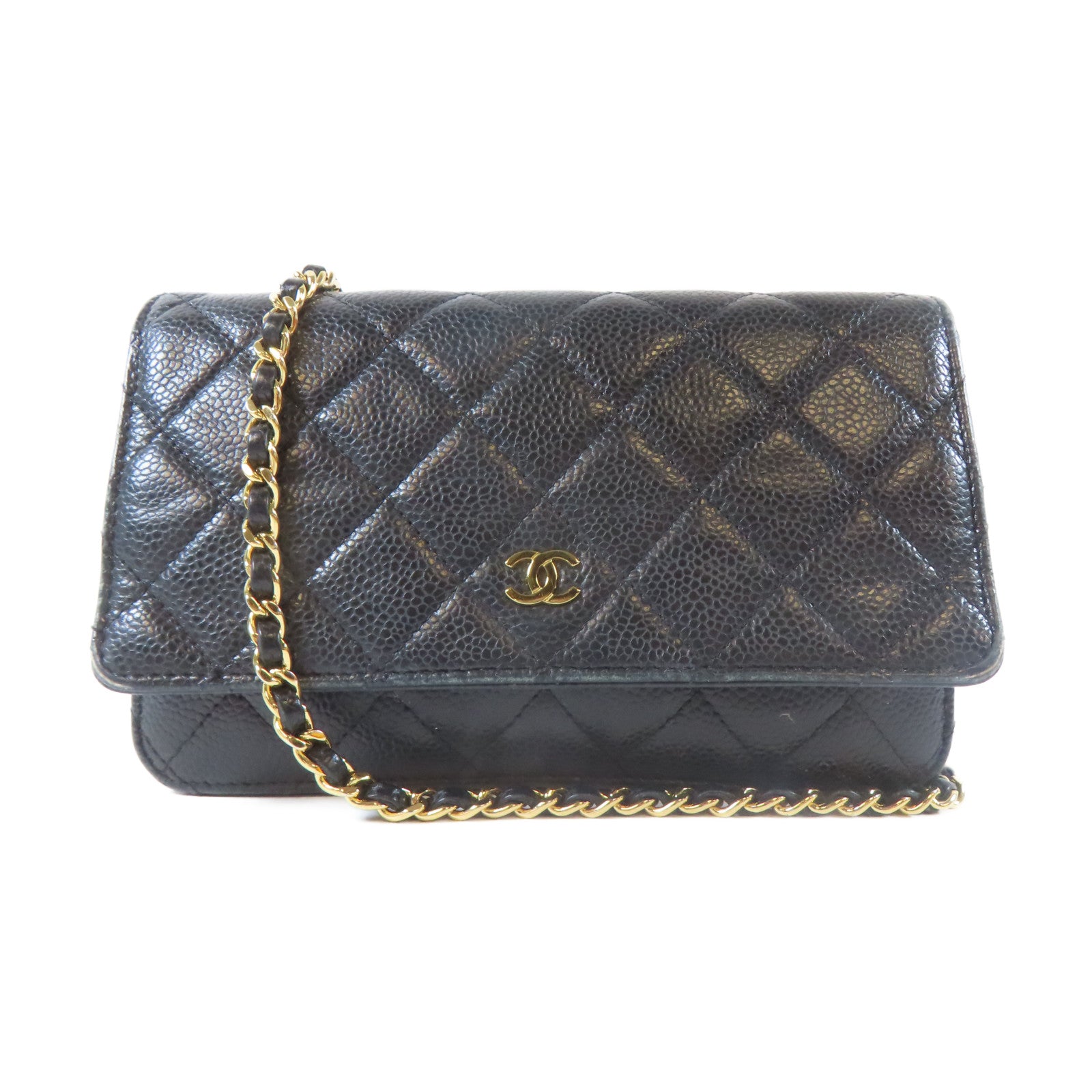 CHANEL 菱格Caviar皮革Wallet On Chain金扣鏈帶肩背袋黑色