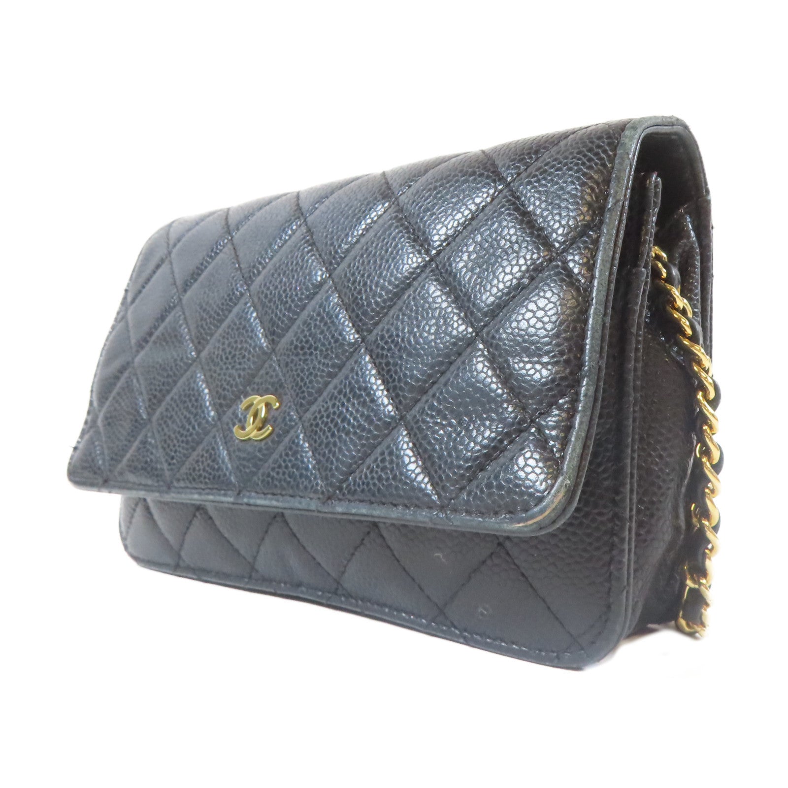 CHANEL 菱格Caviar皮革Wallet On Chain金扣鏈帶肩背袋黑色