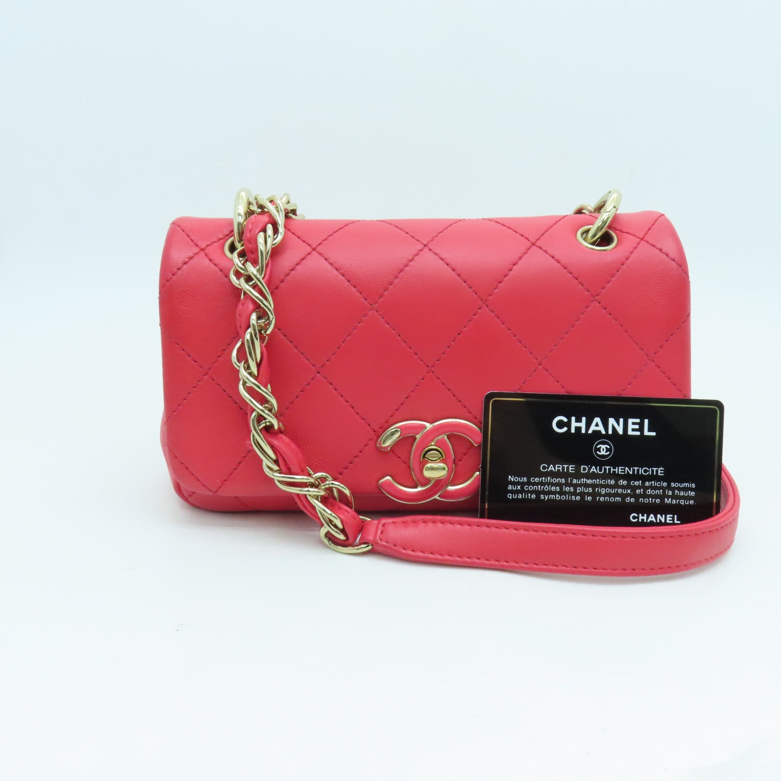 CHANEL 菱格牛皮皮革Chain Shoulder金扣肩背袋红色