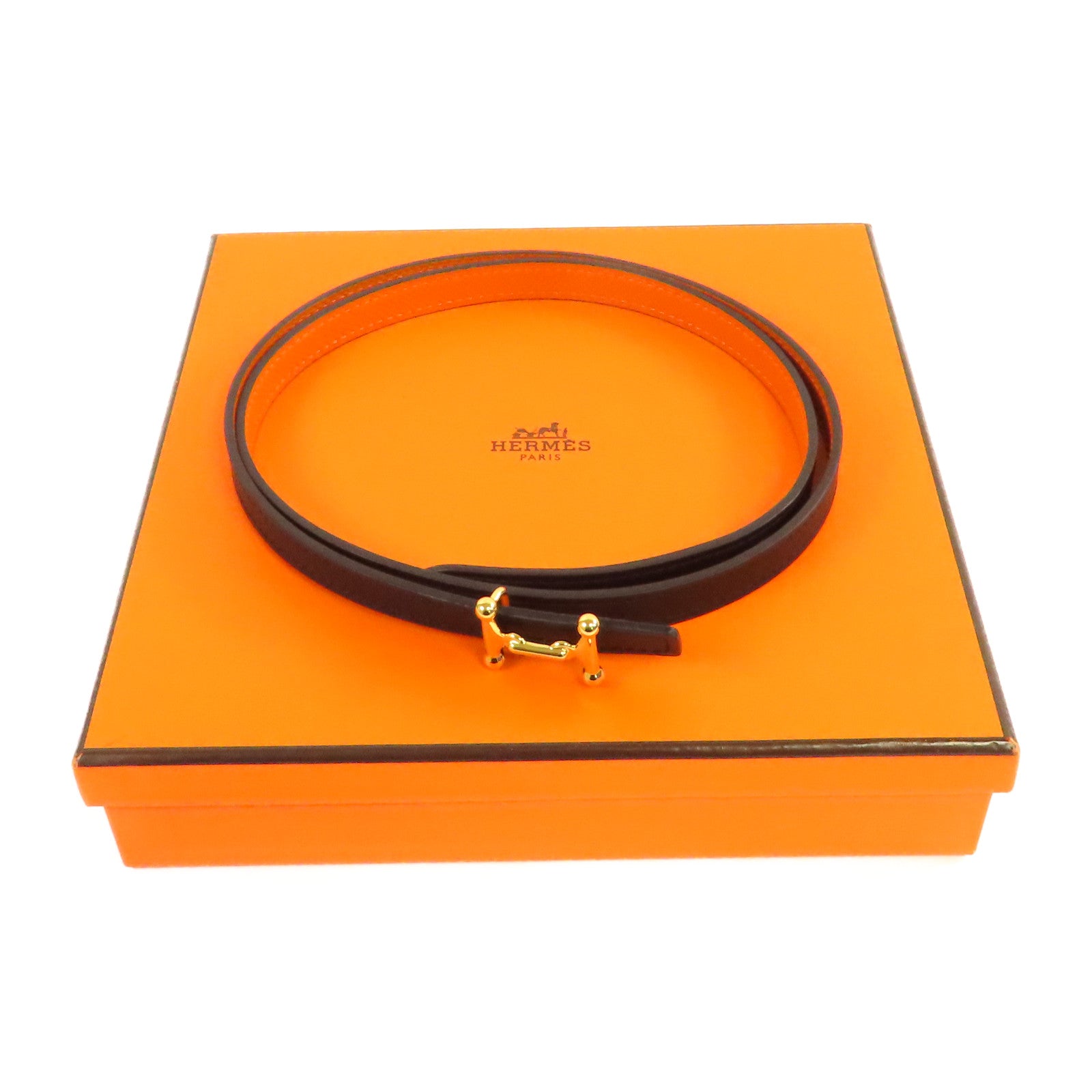 HERMES Epsom皮革Belt 80cm金扣皮帶黑色/橙色