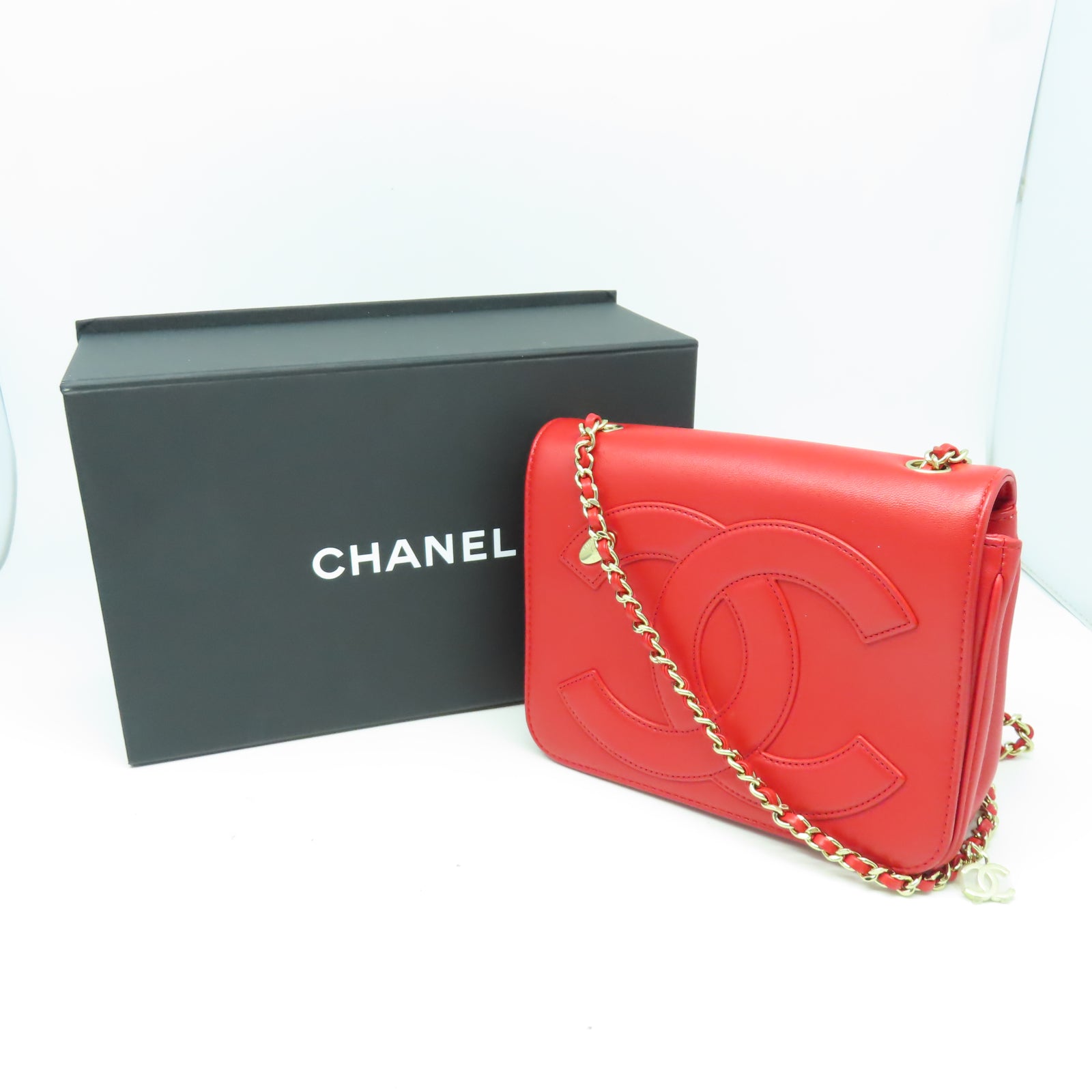 CHANEL 羊皮皮革Chain Shoulder金扣鏈帶肩背袋紅色