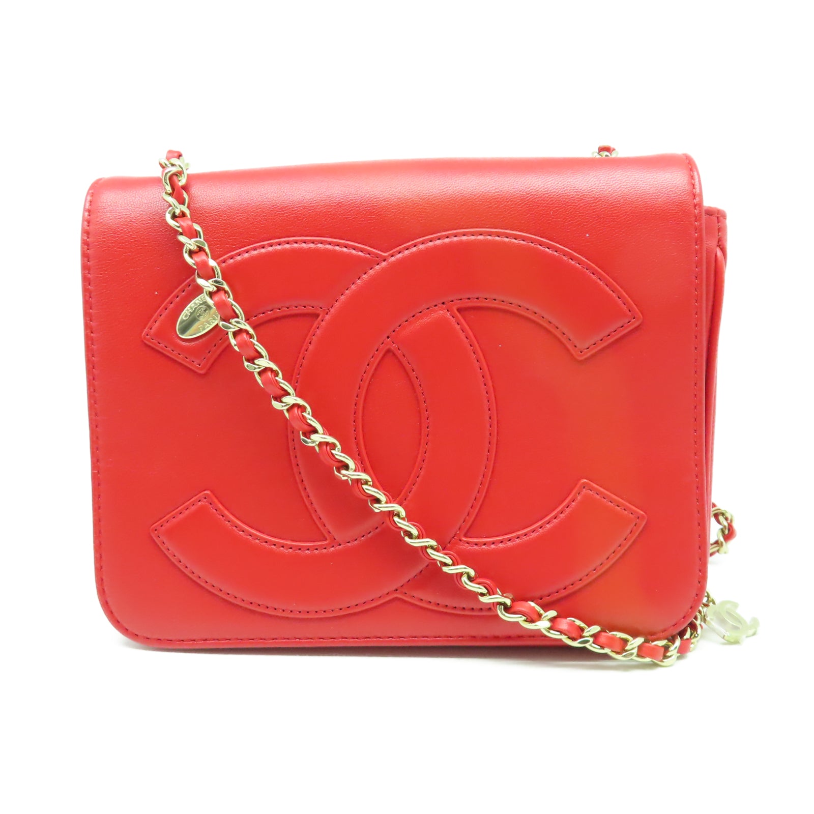 CHANEL 羊皮皮革Chain Shoulder金扣鏈帶肩背袋紅色