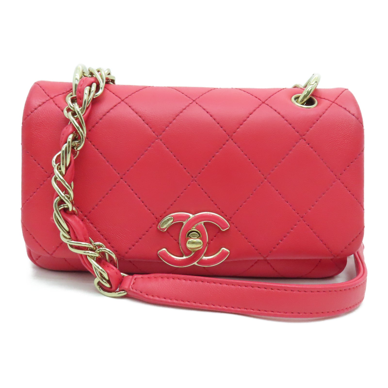 CHANEL 菱格牛皮皮革Chain Shoulder金扣肩背袋红色
