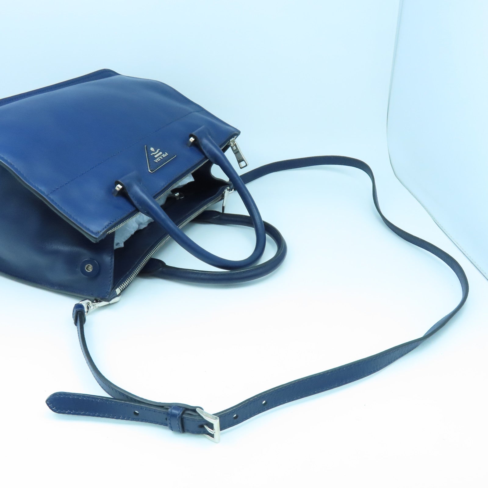 PRADA cowhide leather 2Way Bag silver buckle shoulder bag blue