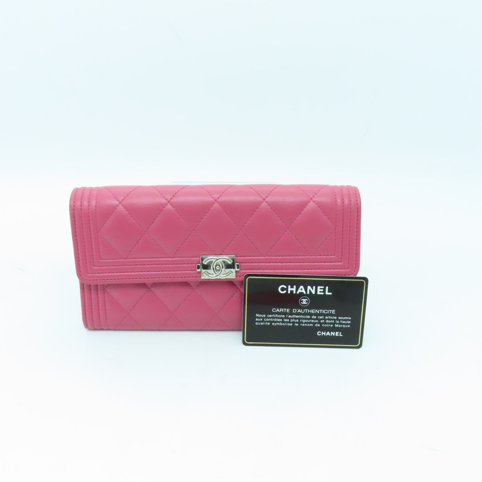 CHANEL 菱格牛皮皮革Boy Long Wallet銀扣長錢包粉紅色