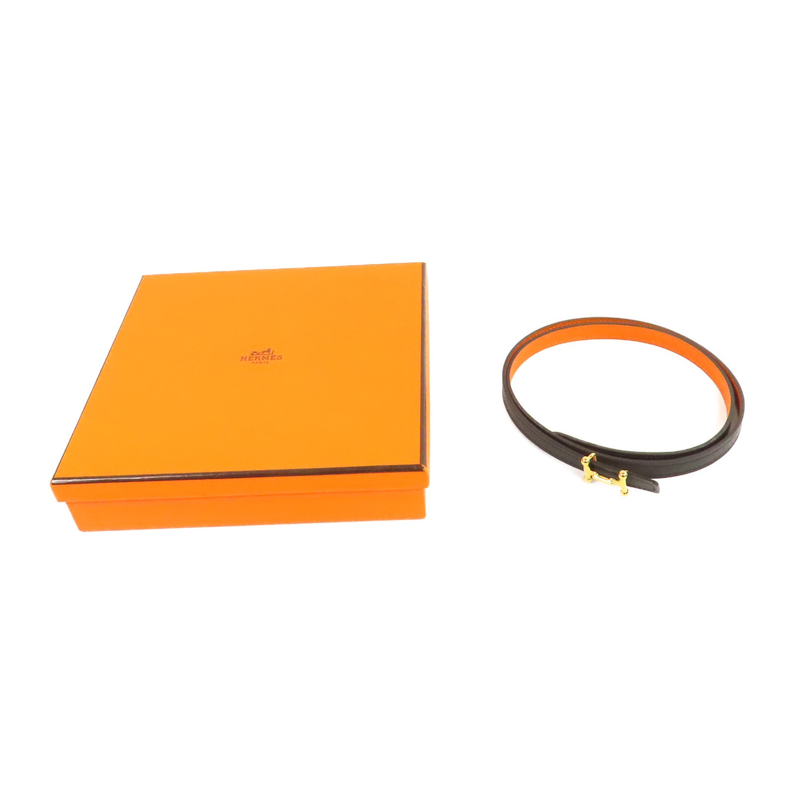 HERMES Epsom皮革Belt 80cm金扣皮帶黑色/橙色