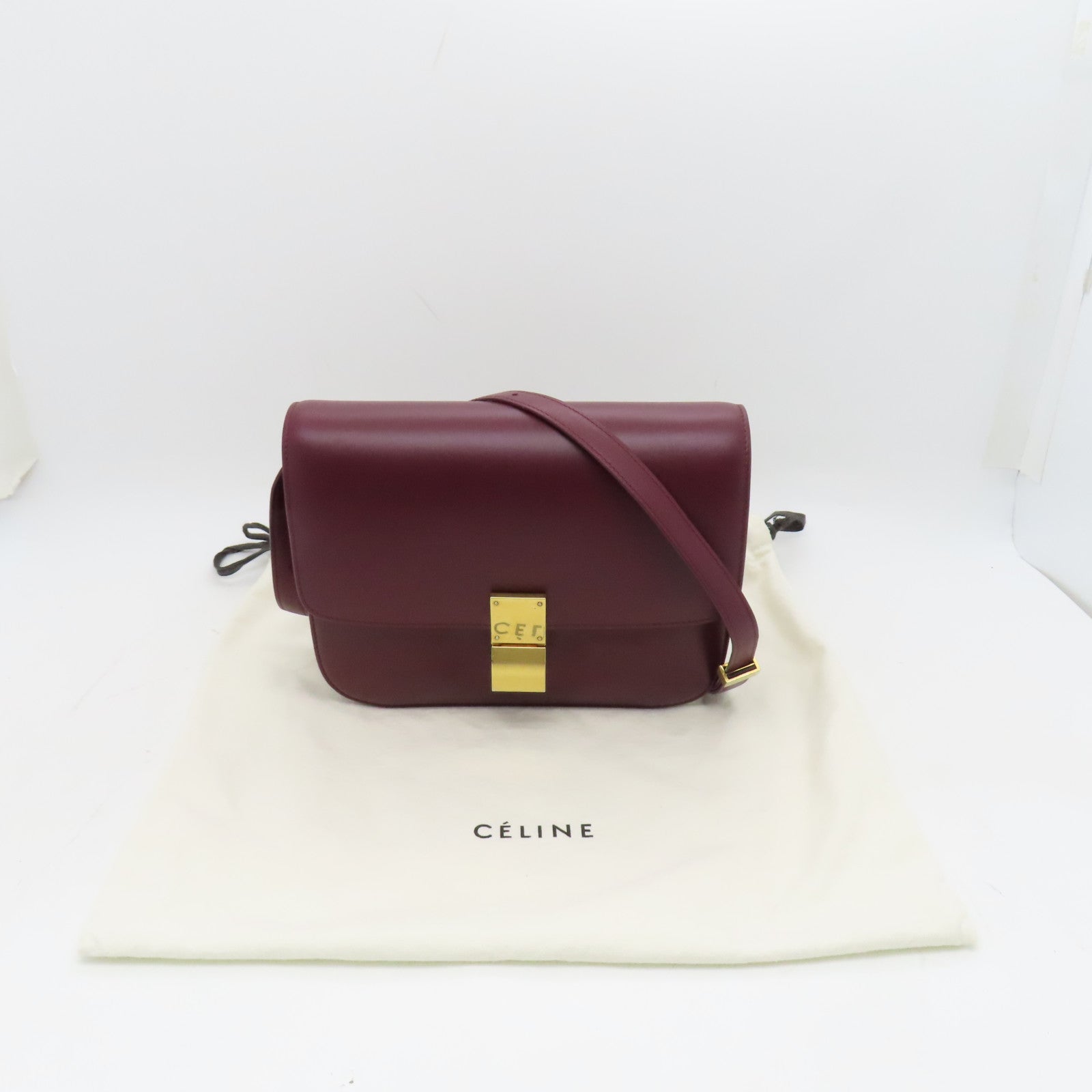 CELINE 牛皮皮革Classic Box金扣肩背袋酒紅色