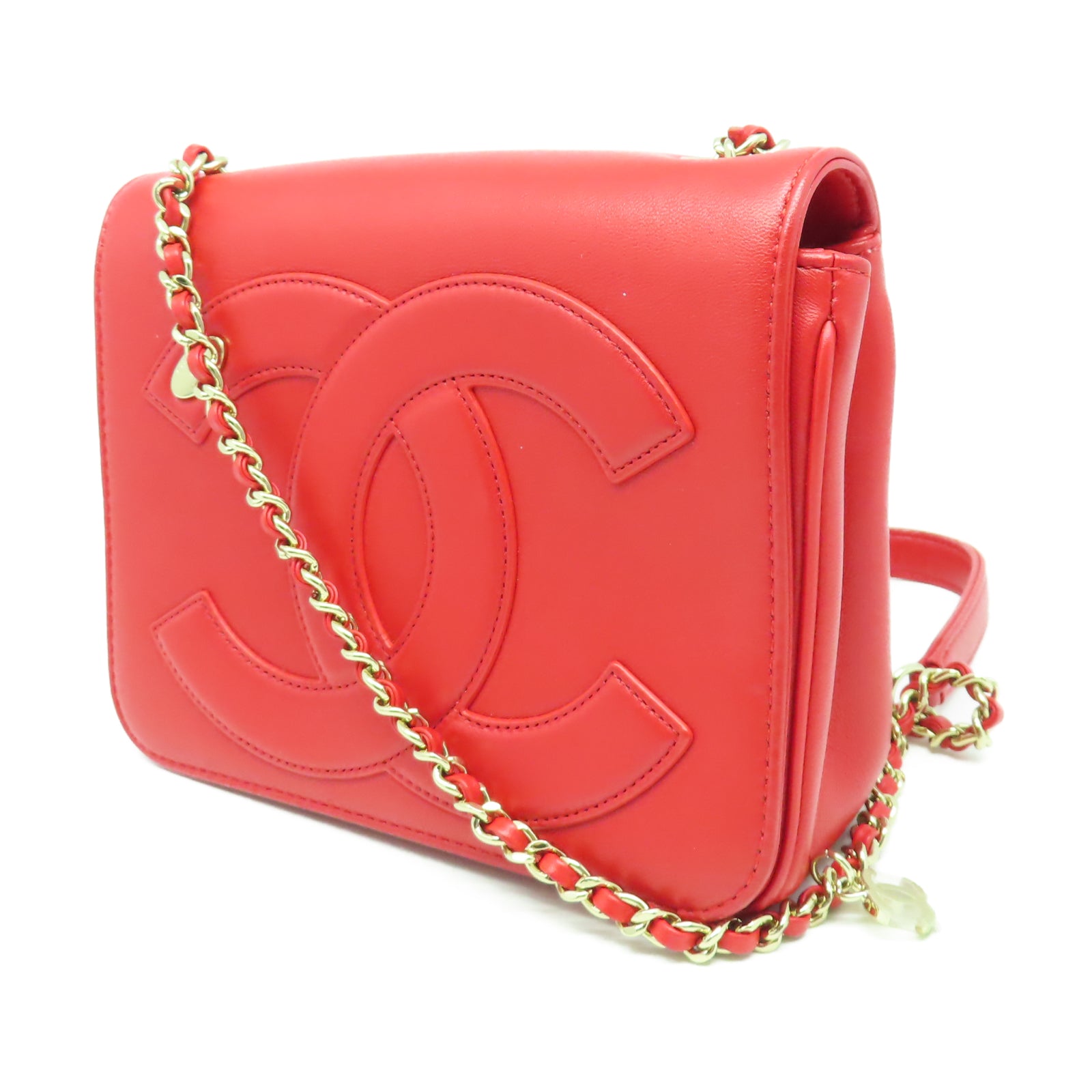 CHANEL 羊皮皮革Chain Shoulder金扣鏈帶肩背袋紅色