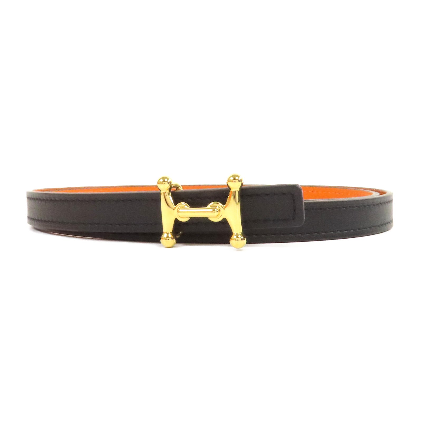 HERMES Epsom皮革Belt 80cm金扣皮帶黑色/橙色