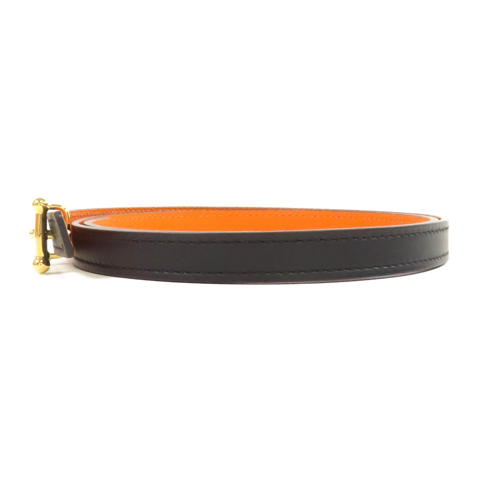 HERMES Epsom皮革Belt 80cm金扣皮帶黑色/橙色