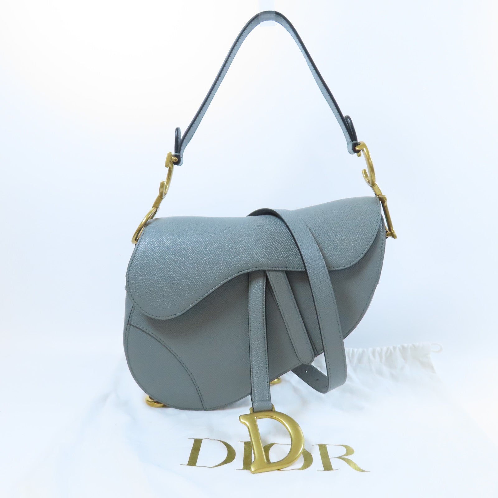 Dior 牛皮皮革Saddle金扣手挽肩背兩用袋灰色
