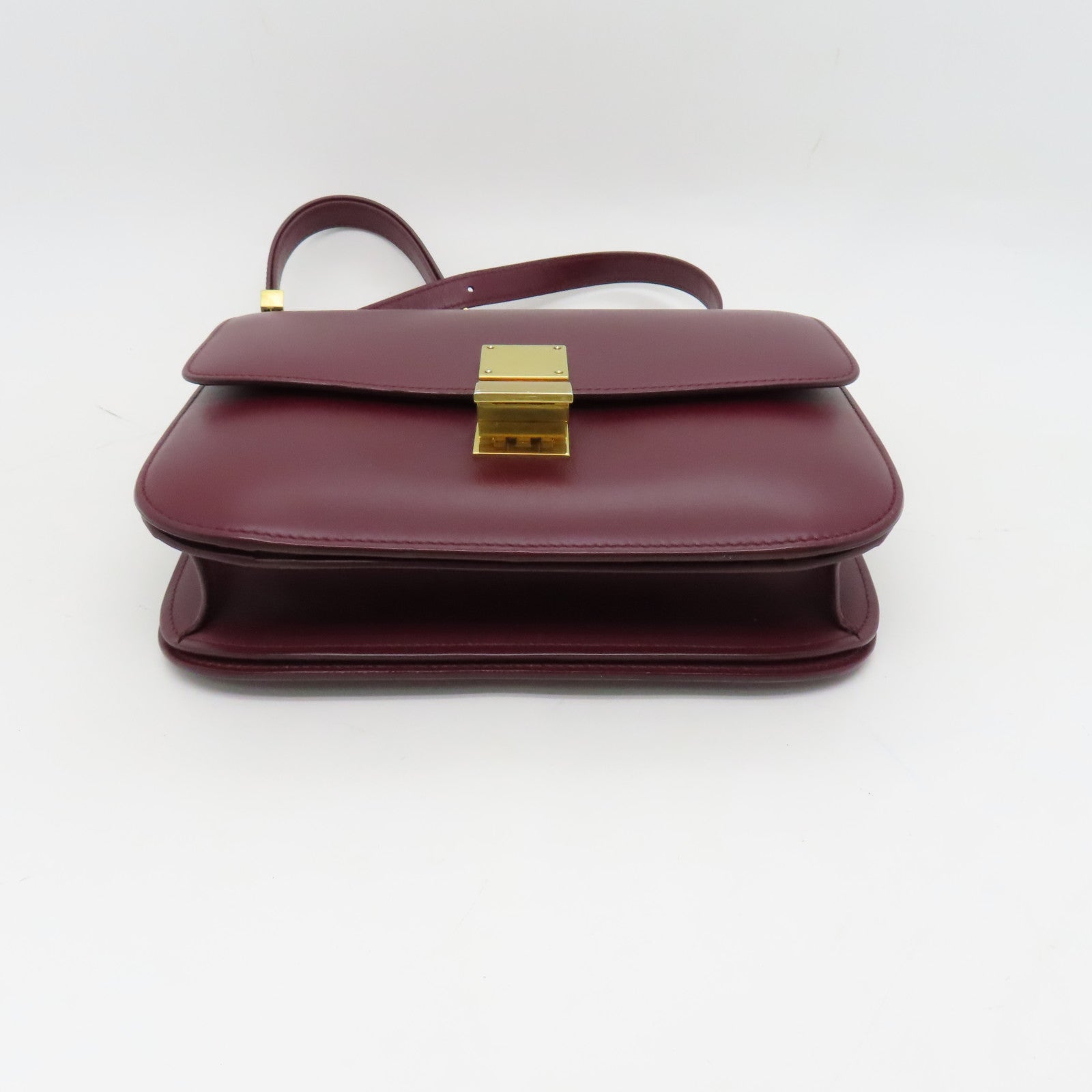 CELINE 牛皮皮革Classic Box金扣肩背袋酒紅色