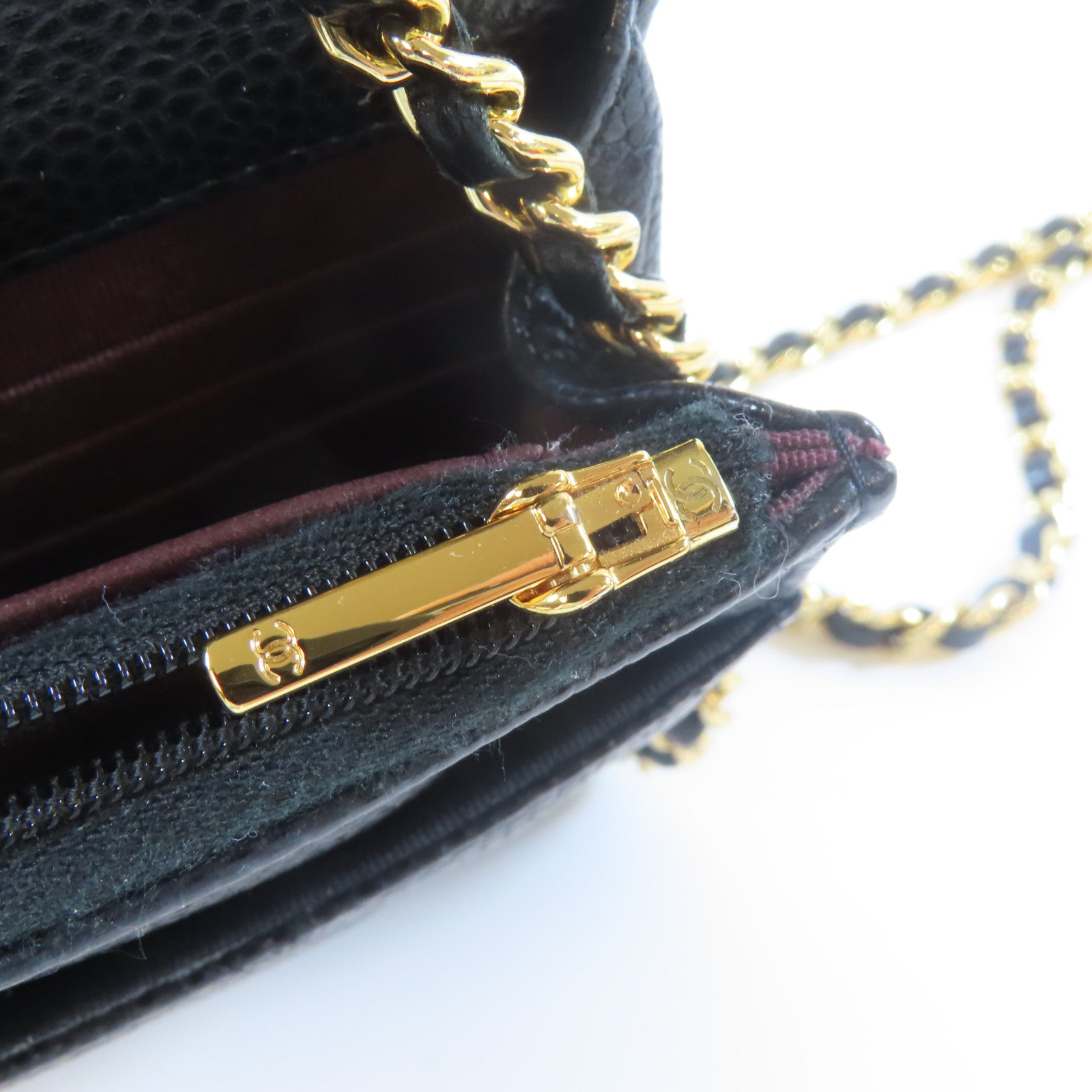 CHANEL 菱格Caviar皮革Wallet On Chain金扣鏈帶肩背袋黑色