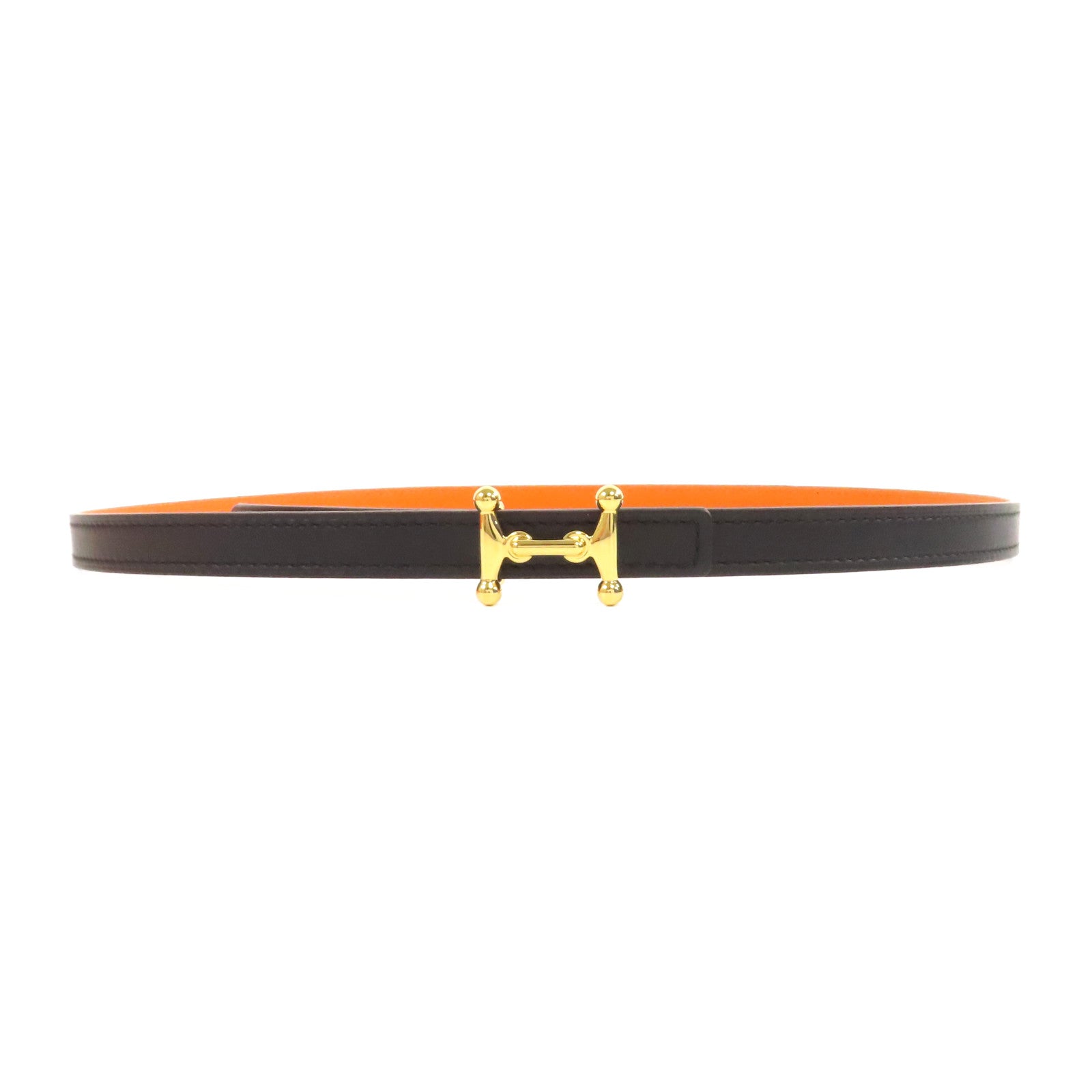 HERMES Epsom皮革Belt 80cm金扣皮帶黑色/橙色