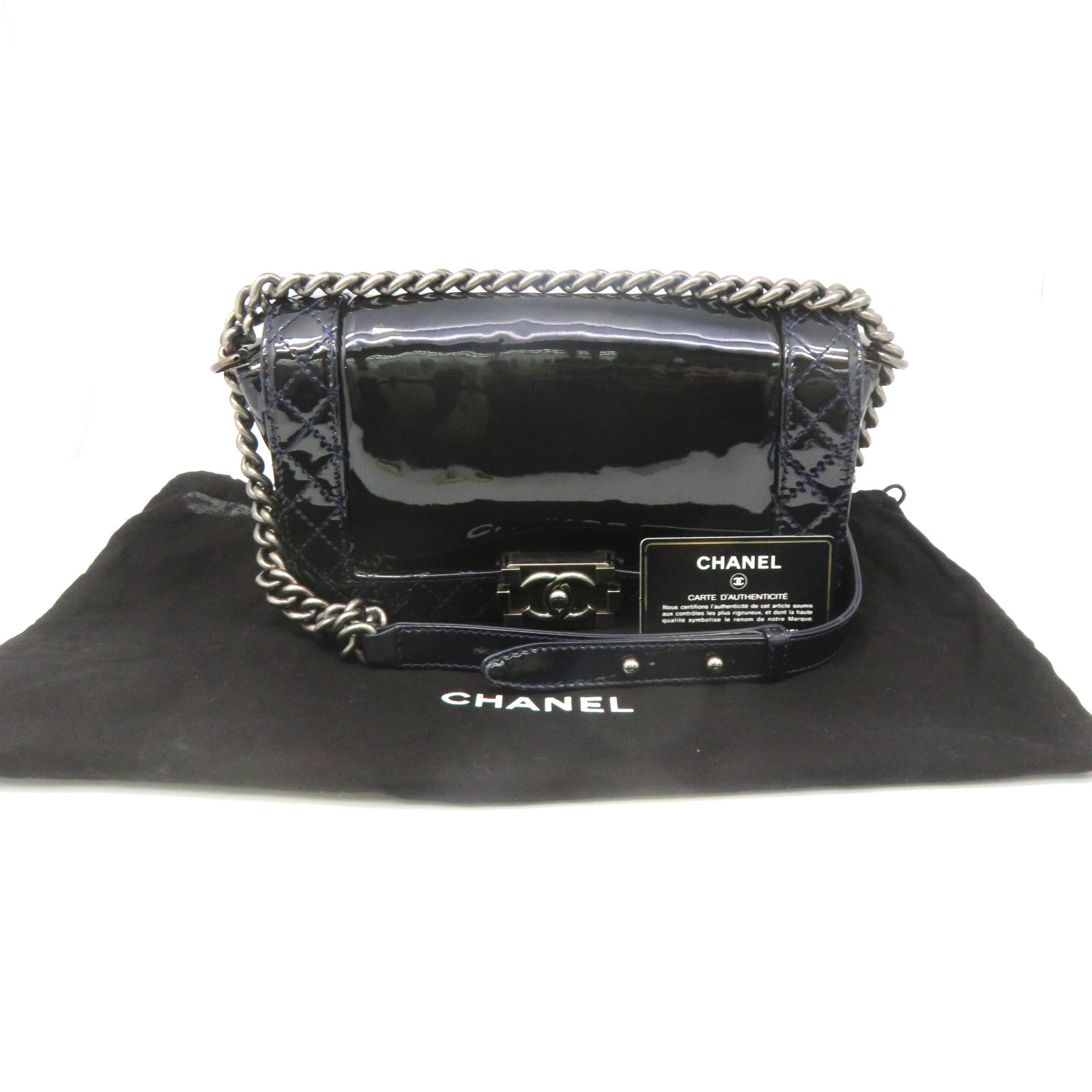 CHANEL 【激減優惠】菱格漆皮皮革Boy Chanel Chain Shoulder Bag銀扣鏈帶肩背袋寶藍色