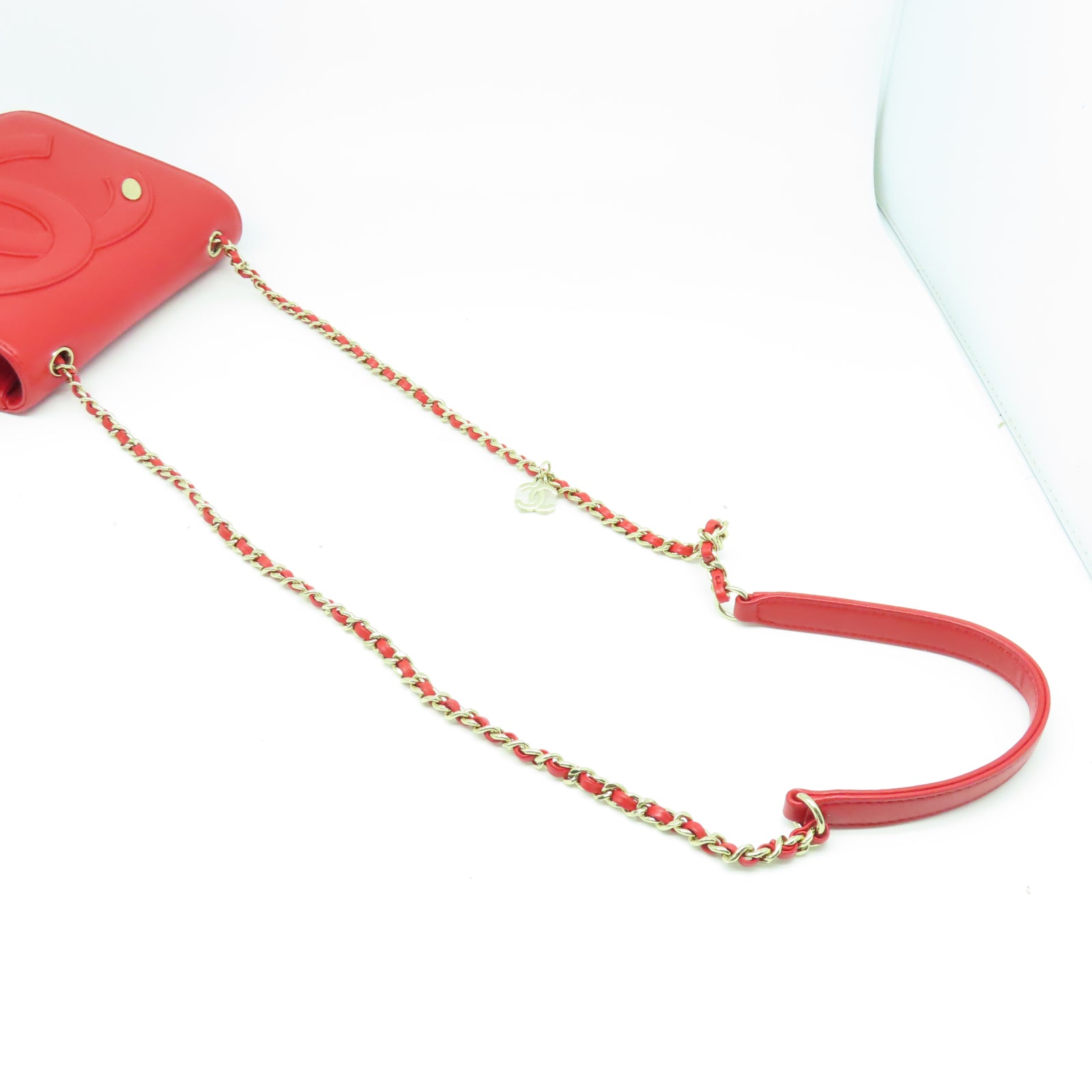 CHANEL 羊皮皮革Chain Shoulder金扣鏈帶肩背袋紅色