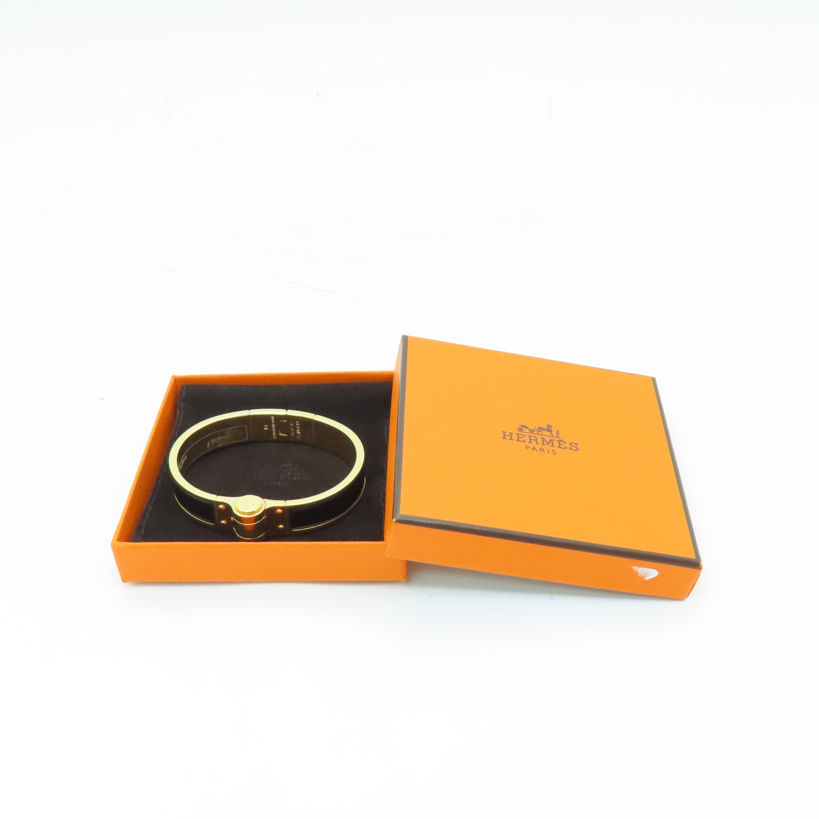 HERMES 金屬Charniere Narrow Bangle手鐲金色/黑色#16cm
