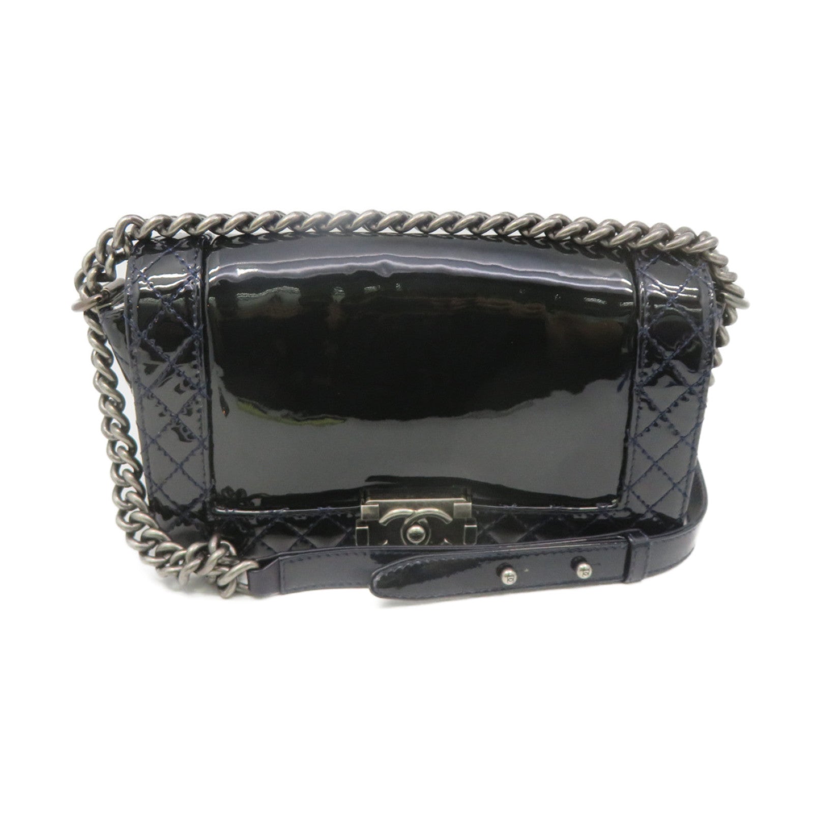 CHANEL 【激減優惠】菱格漆皮皮革Boy Chanel Chain Shoulder Bag銀扣鏈帶肩背袋寶藍色