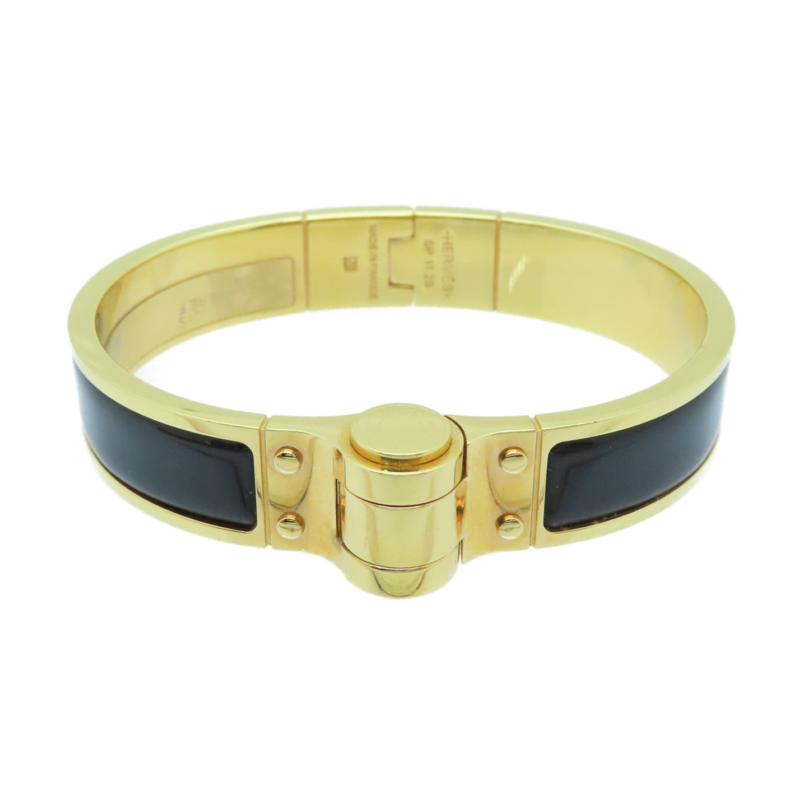 HERMES 金屬Charniere Narrow Bangle手鐲金色/黑色#16cm
