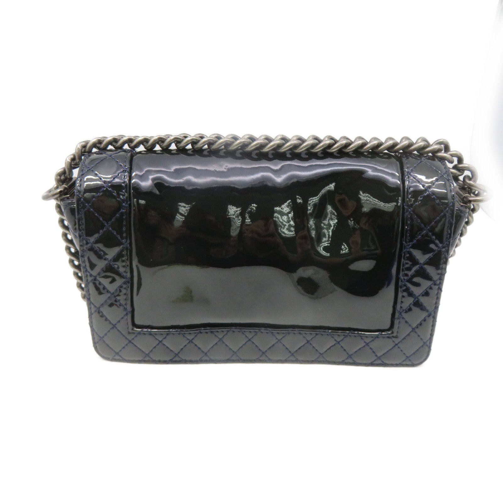 CHANEL 【激減優惠】菱格漆皮皮革Boy Chanel Chain Shoulder Bag銀扣鏈帶肩背袋寶藍色