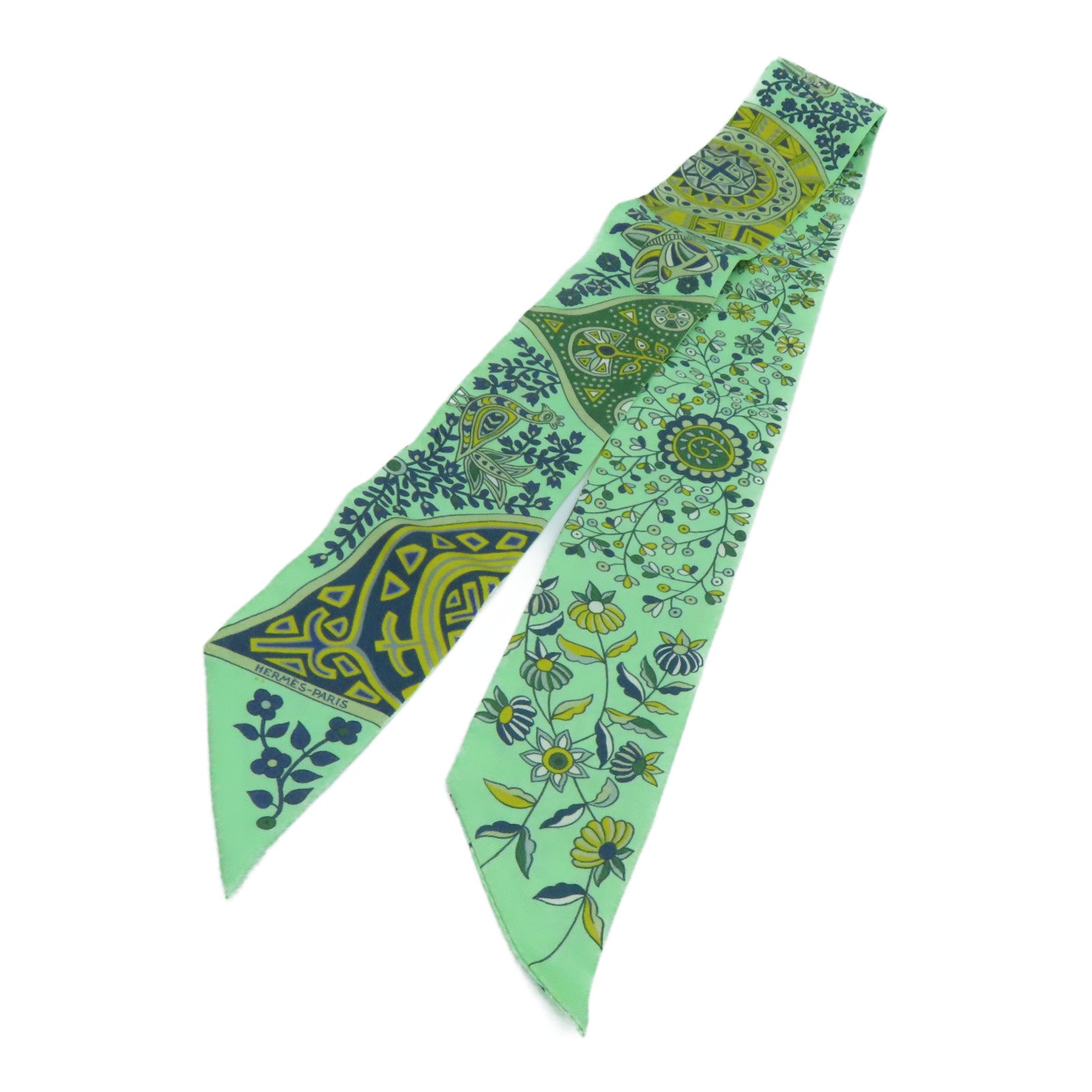 HERMES Silk Twilly Scarf Green/Yellow/Blue