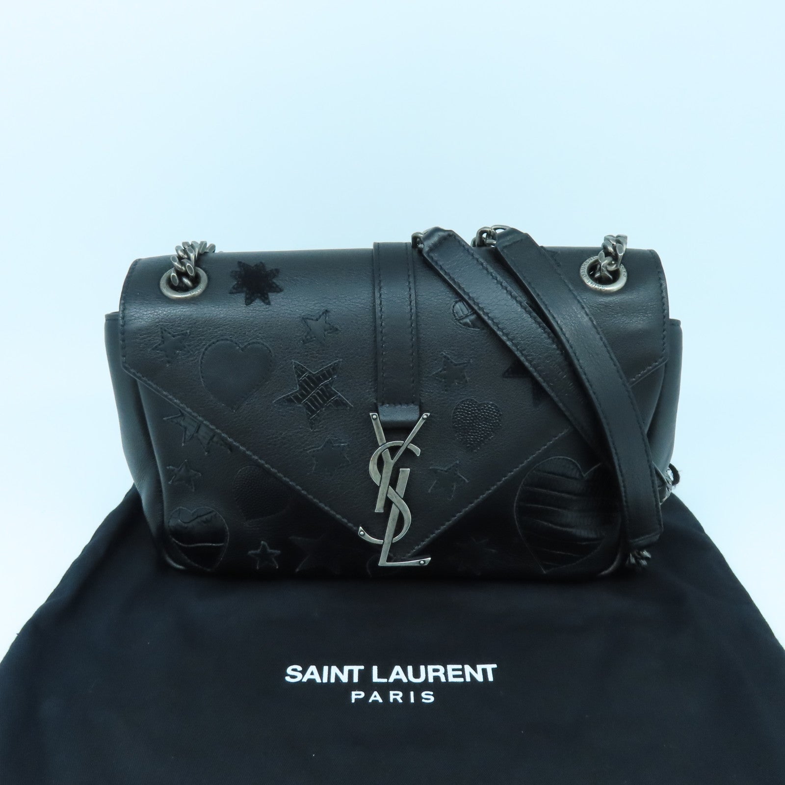 SAINT LAURENT Leather Chain Shoulder Silver Buckle Shoulder Bag Black