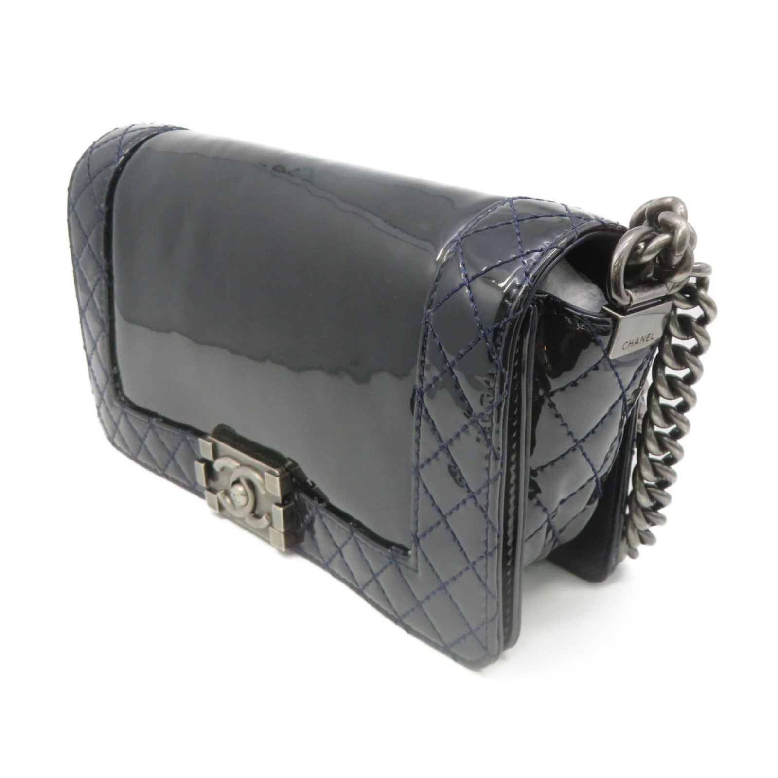 CHANEL 【激減優惠】菱格漆皮皮革Boy Chanel Chain Shoulder Bag銀扣鏈帶肩背袋寶藍色