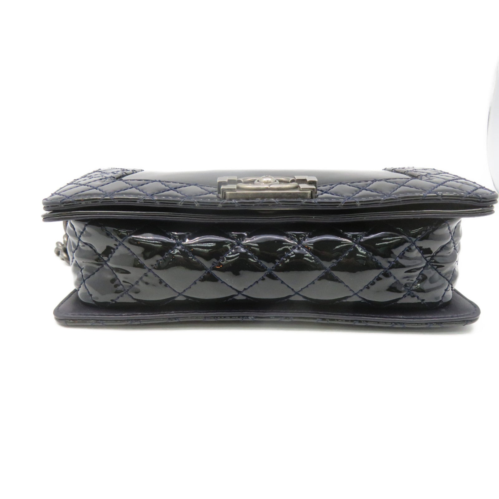 CHANEL 【激減優惠】菱格漆皮皮革Boy Chanel Chain Shoulder Bag銀扣鏈帶肩背袋寶藍色