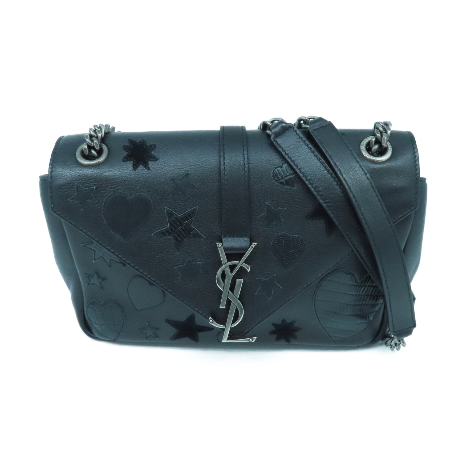 SAINT LAURENT Leather Chain Shoulder Silver Buckle Shoulder Bag Black