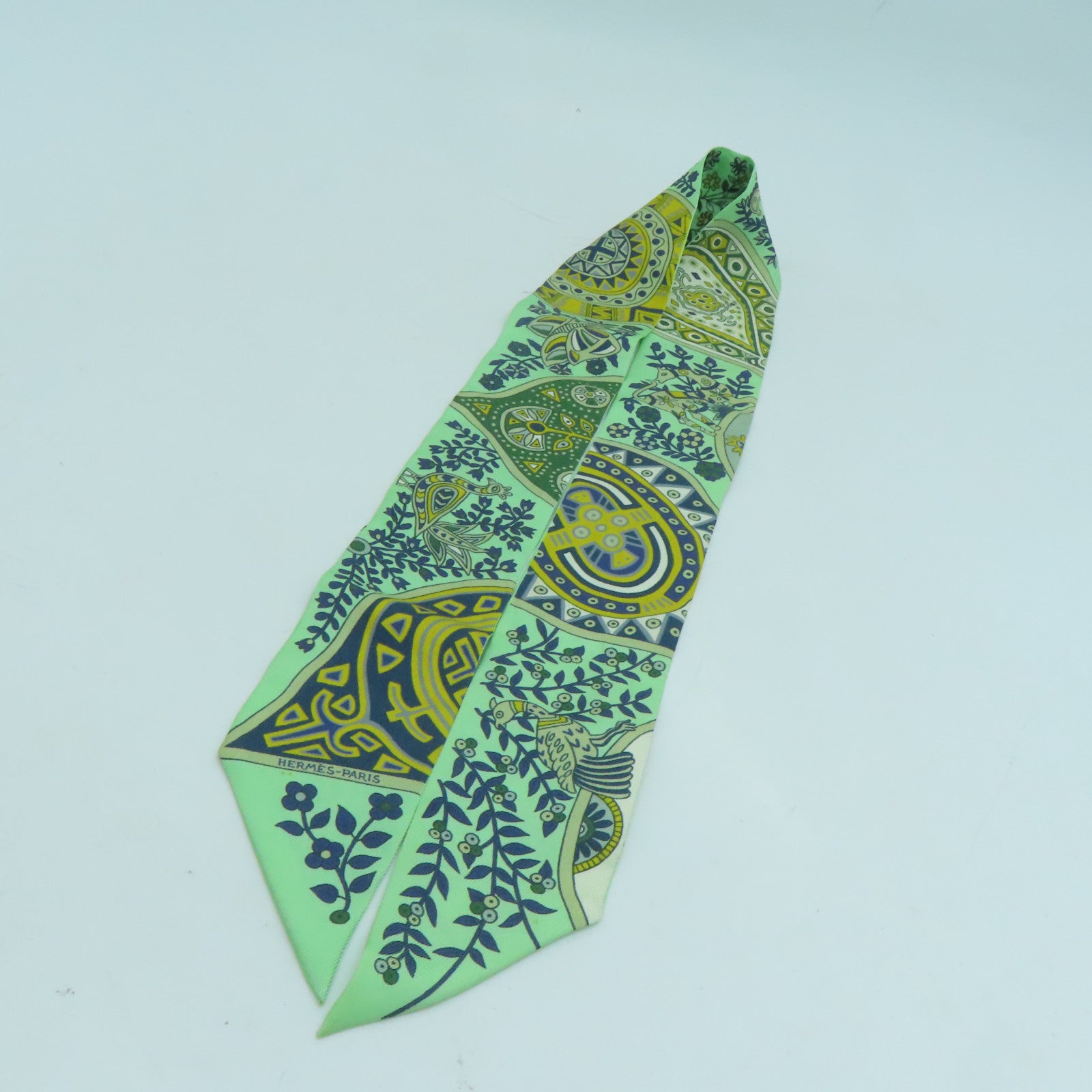 HERMES Silk Twilly Scarf Green/Yellow/Blue