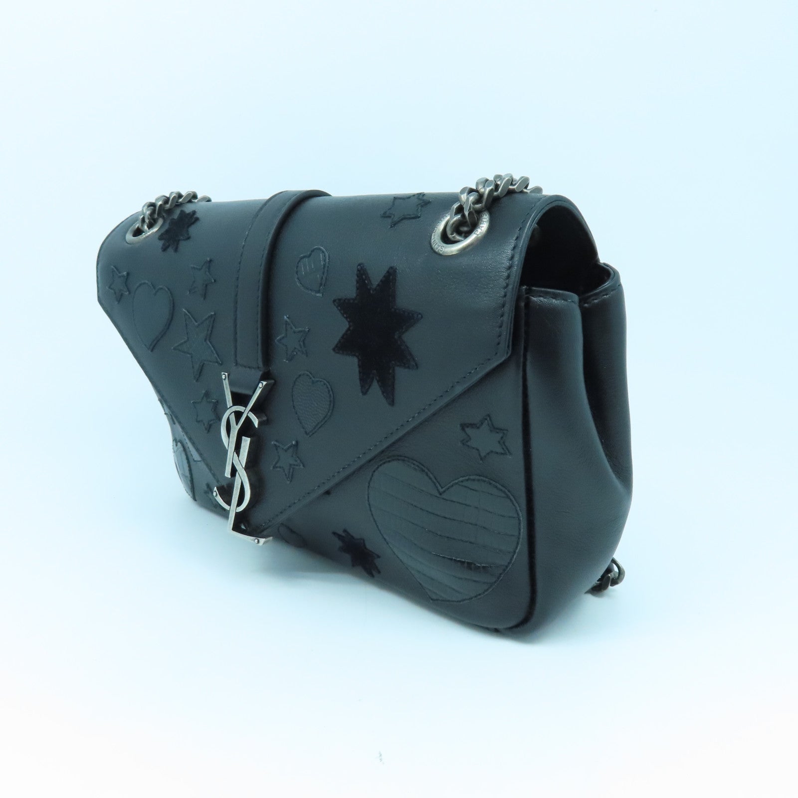 SAINT LAURENT Leather Chain Shoulder Silver Buckle Shoulder Bag Black