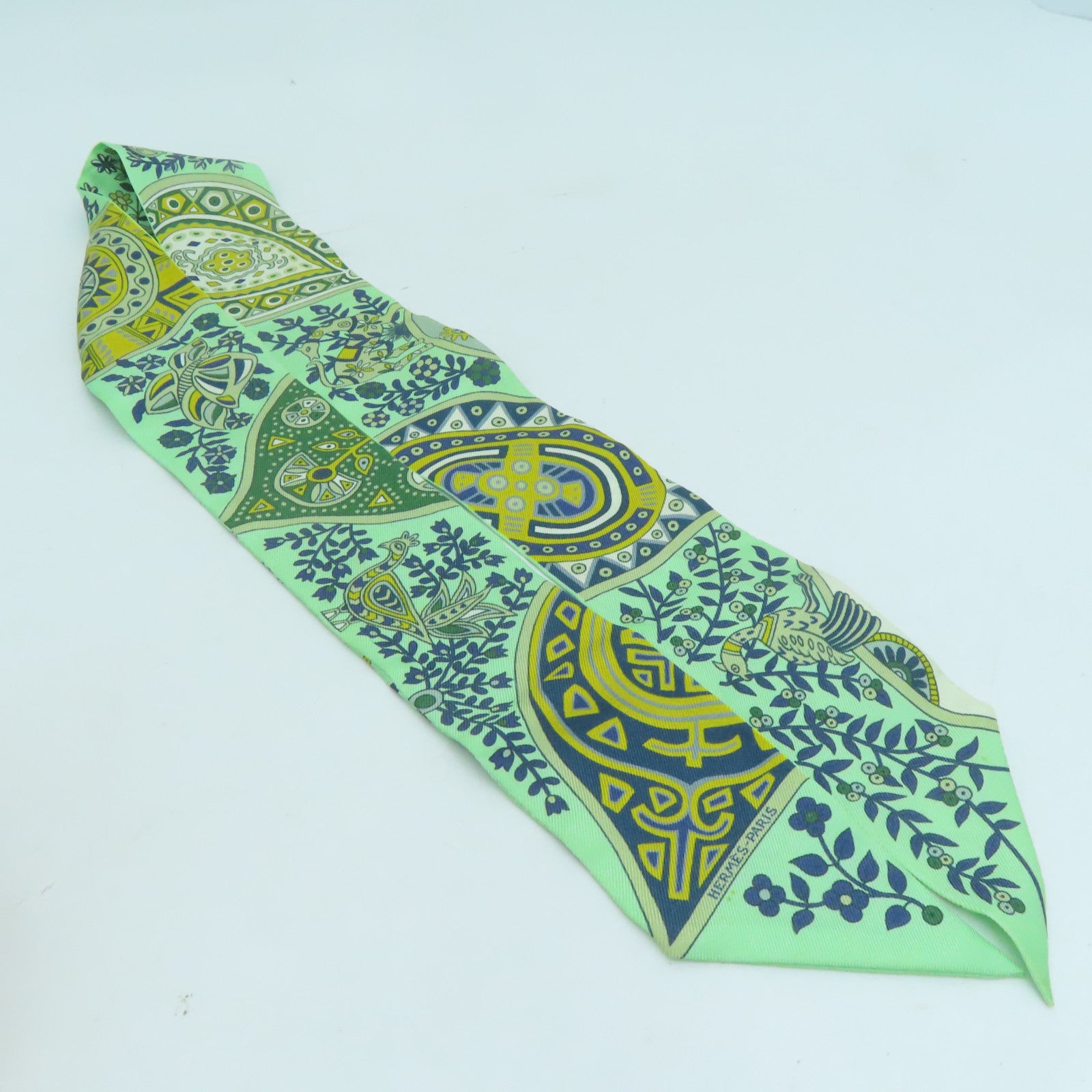 HERMES Silk Twilly Scarf Green/Yellow/Blue