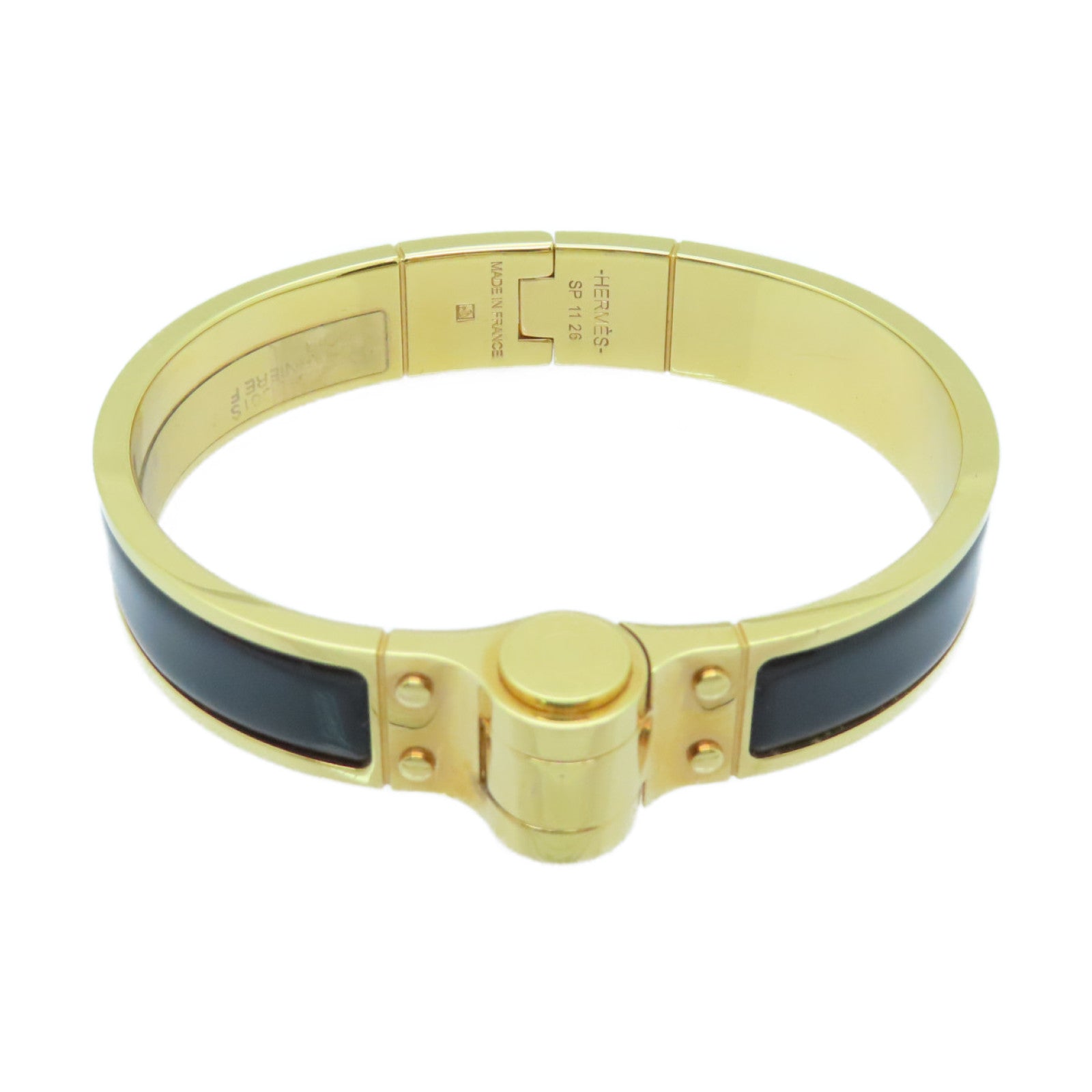 HERMES 金屬Charniere Narrow Bangle手鐲金色/黑色#16cm