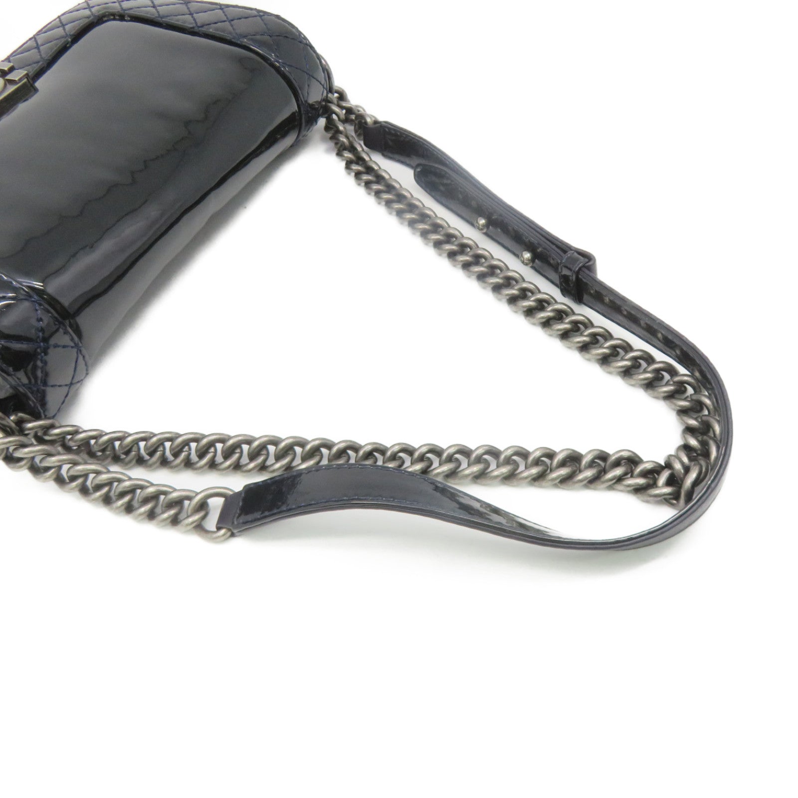 CHANEL 【激減優惠】菱格漆皮皮革Boy Chanel Chain Shoulder Bag銀扣鏈帶肩背袋寶藍色