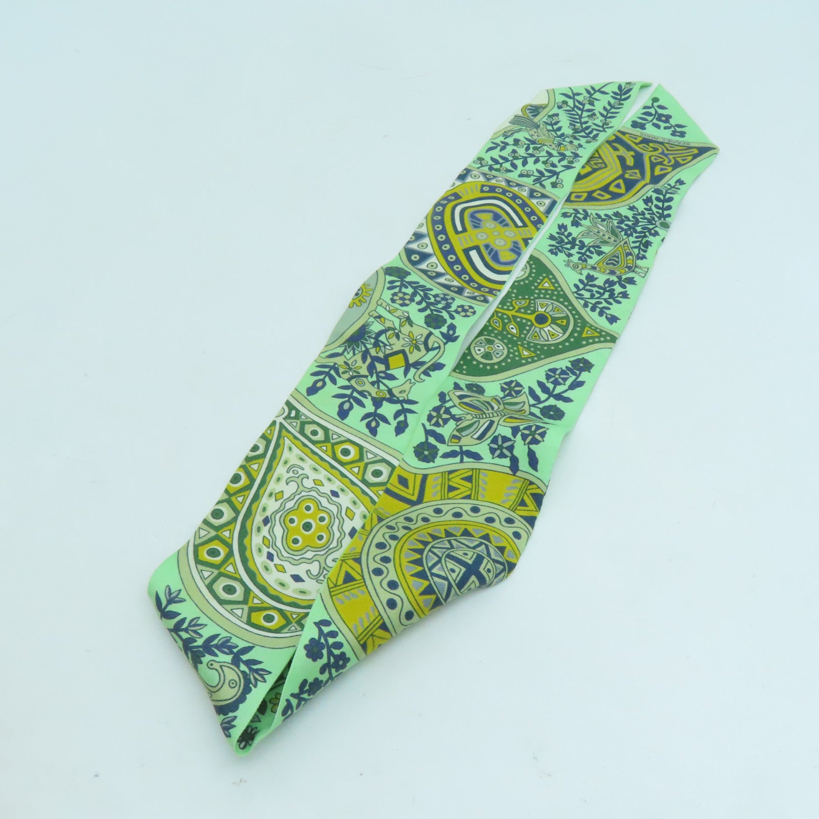 HERMES Silk Twilly Scarf Green/Yellow/Blue