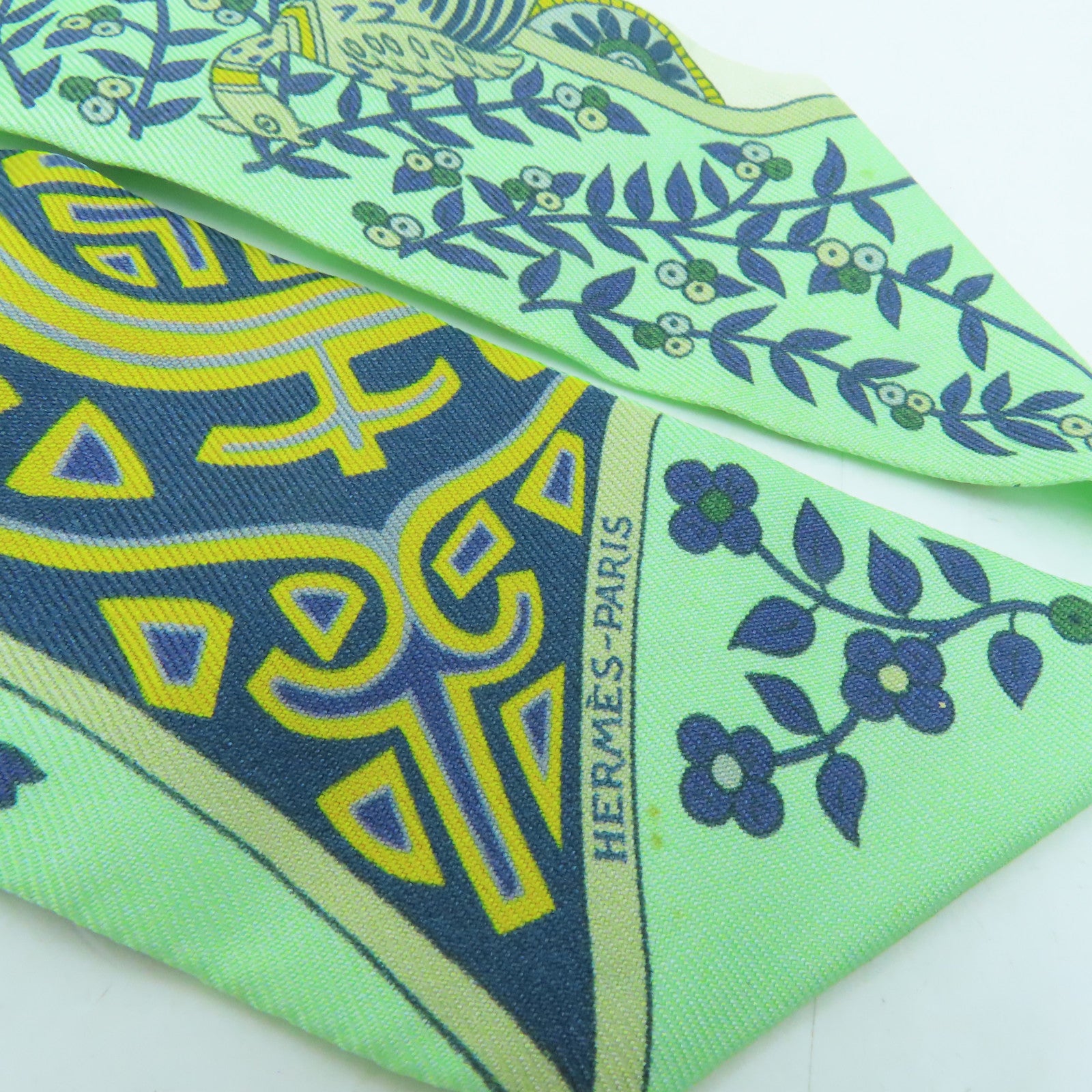 HERMES Silk Twilly Scarf Green/Yellow/Blue