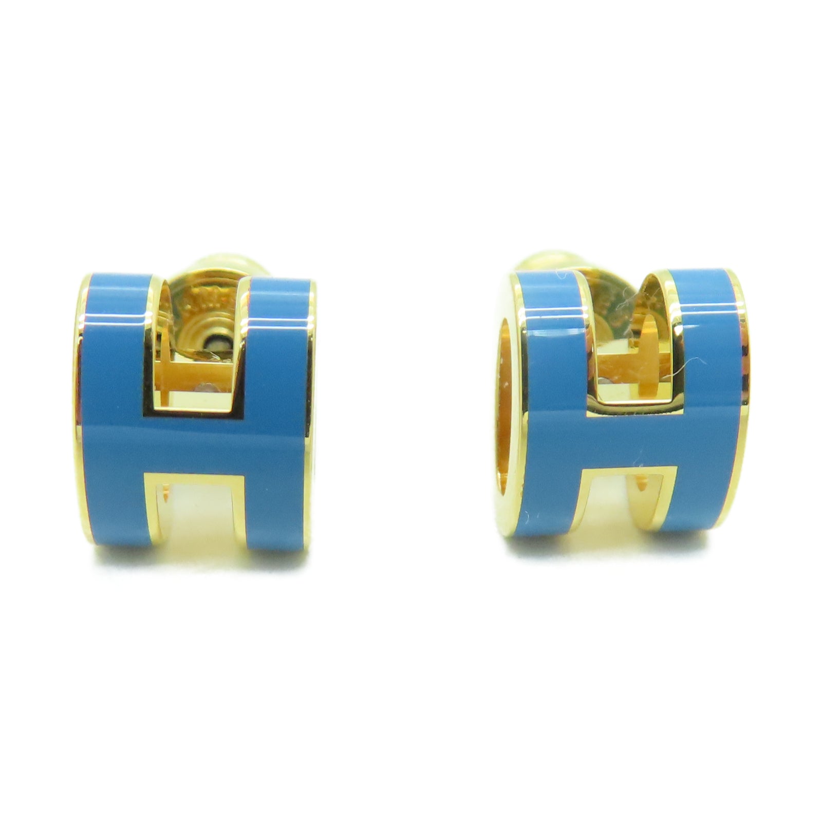 HERMES 金属Mini Pop H Earrings耳环微风蓝色/金色