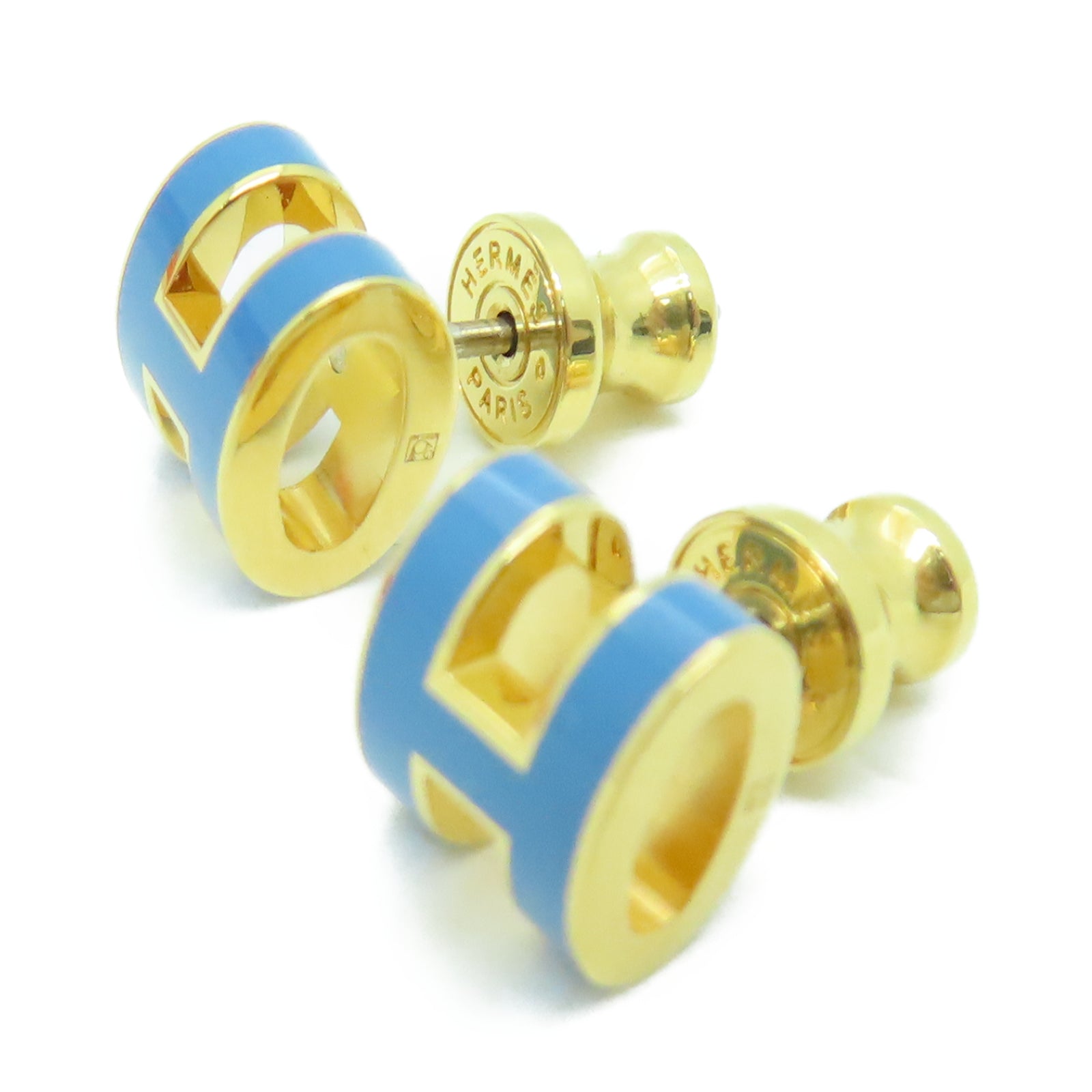 HERMES 金属Mini Pop H Earrings耳环微风蓝色/金色