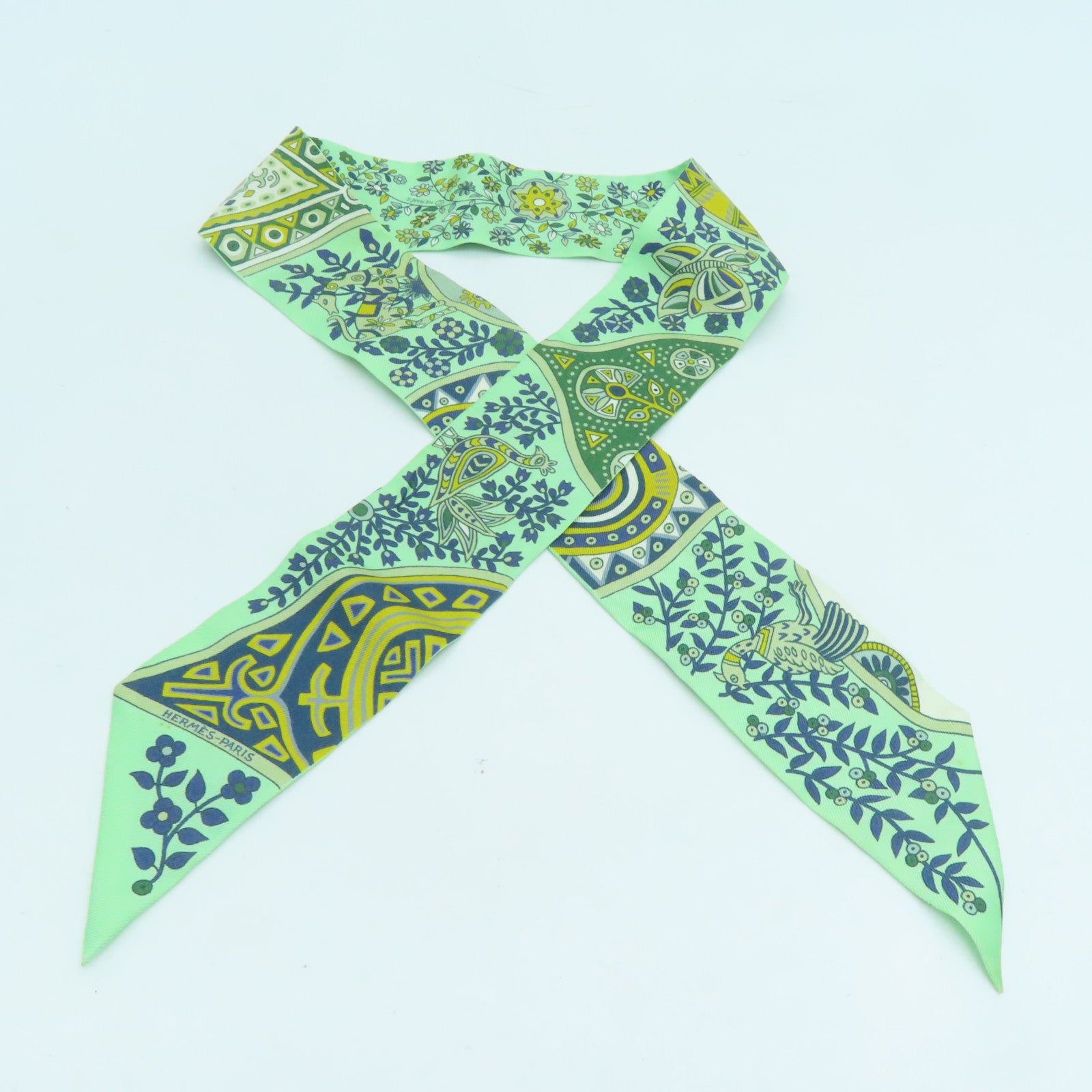 HERMES Silk Twilly Scarf Green/Yellow/Blue