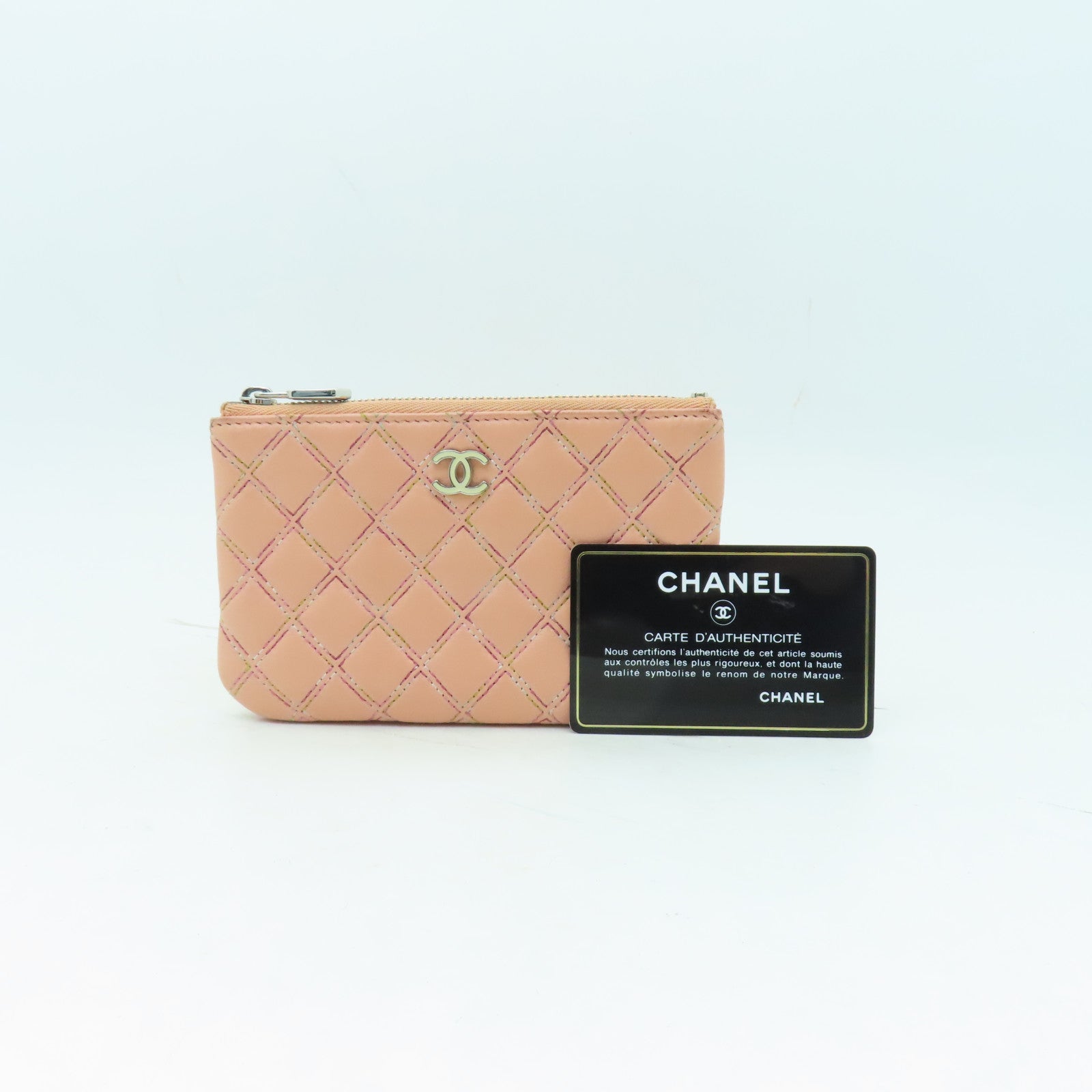 CHANEL 菱格羊皮皮革Mini Pouch銀扣手拿包粉紅色
