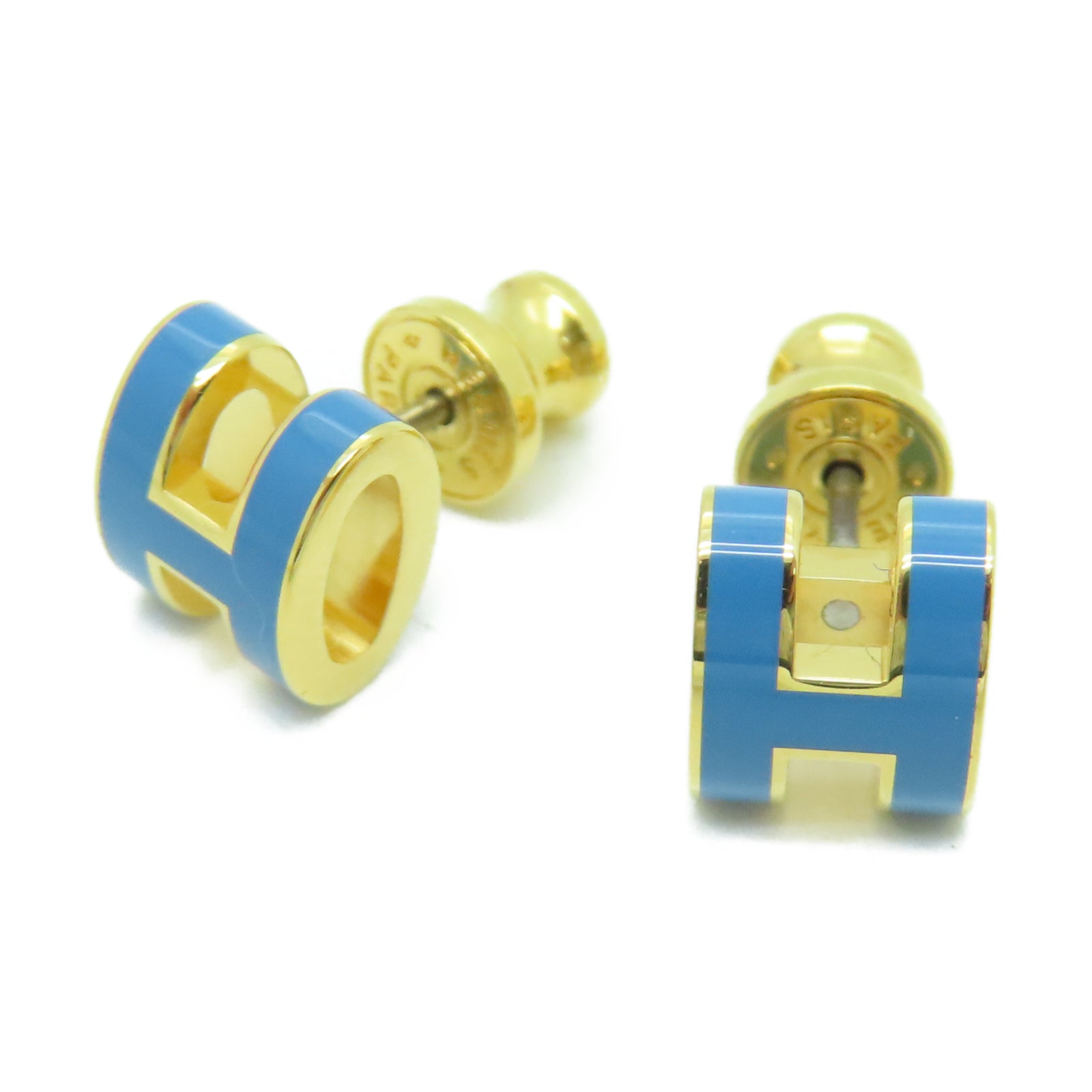 HERMES 金属Mini Pop H Earrings耳环微风蓝色/金色