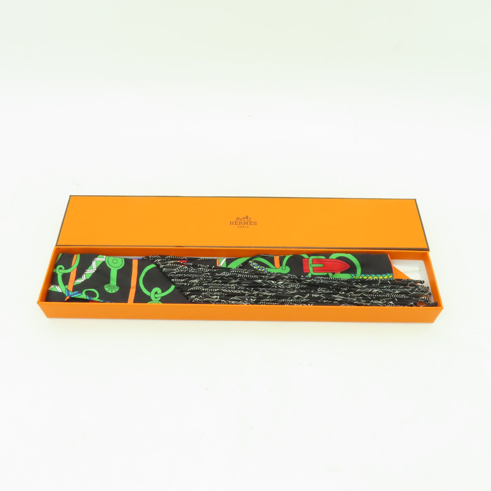 HERMES 絲質Fringe Twilly絲巾黒色/彩色