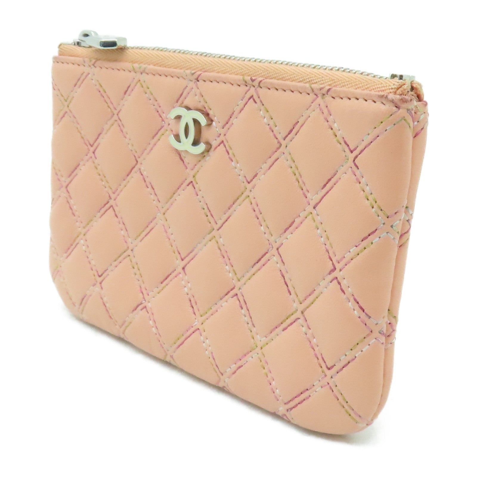 CHANEL 菱格羊皮皮革Mini Pouch銀扣手拿包粉紅色