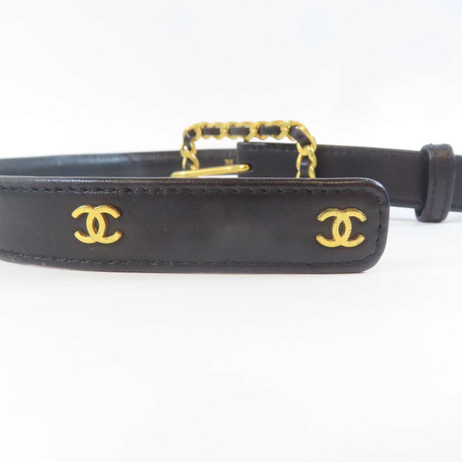 CHANEL 金屬/羊皮皮革Belt皮帶黑色/金色